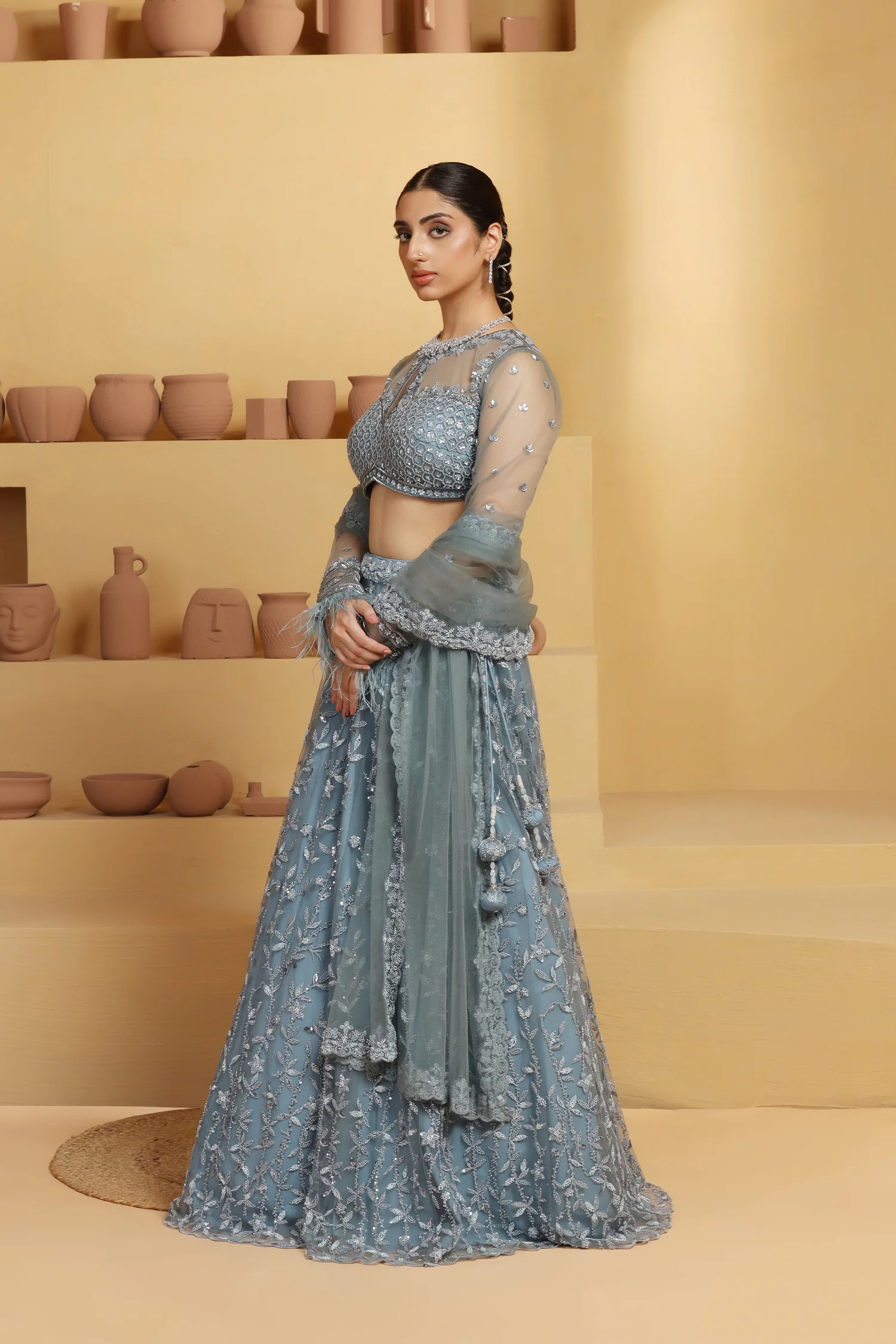 Kalidar Lehenga in Net with Floral Motifs and Geometric Pattern Choli - Image 2