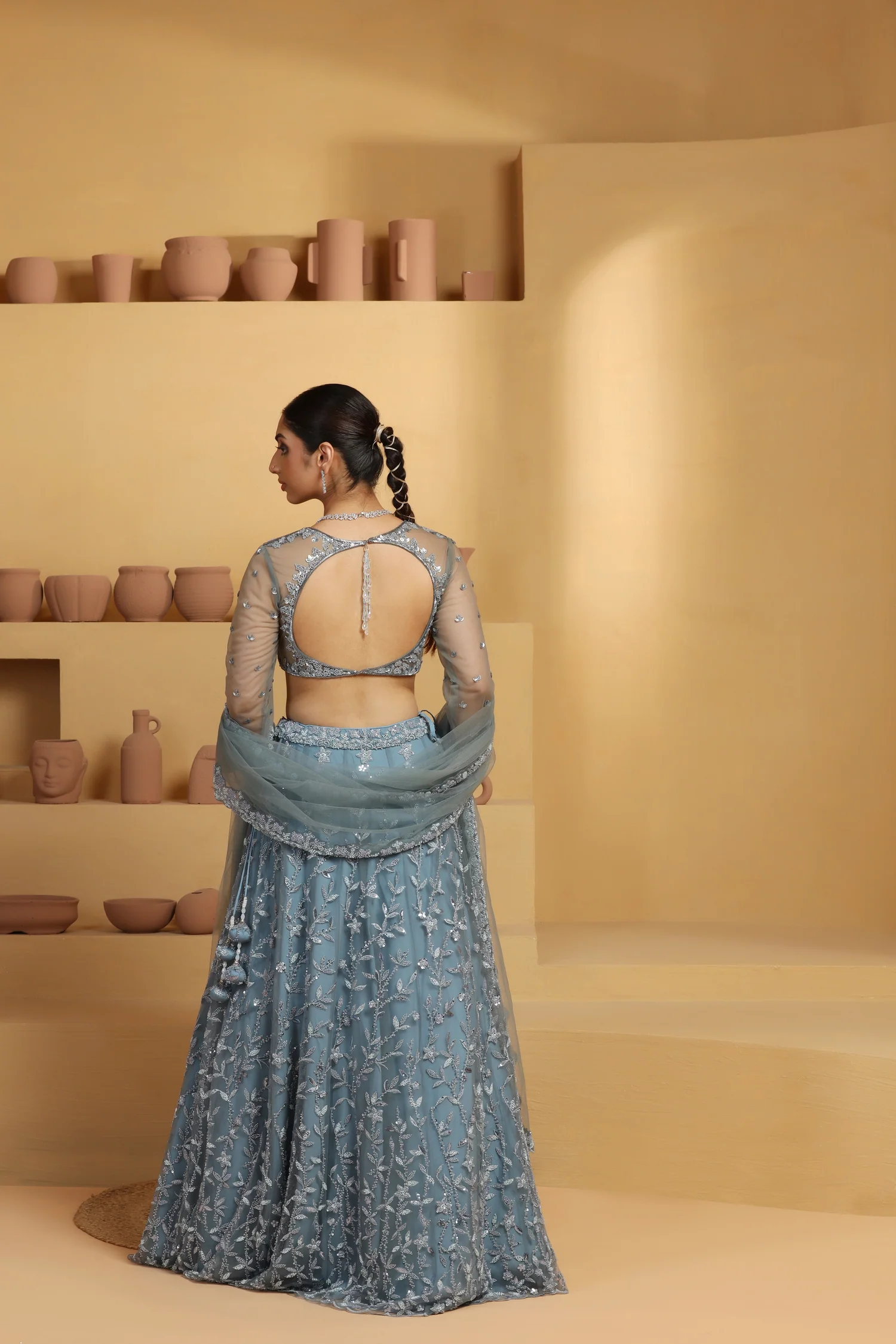 Kalidar Lehenga in Net with Floral Motifs and Geometric Pattern Choli - Image 4