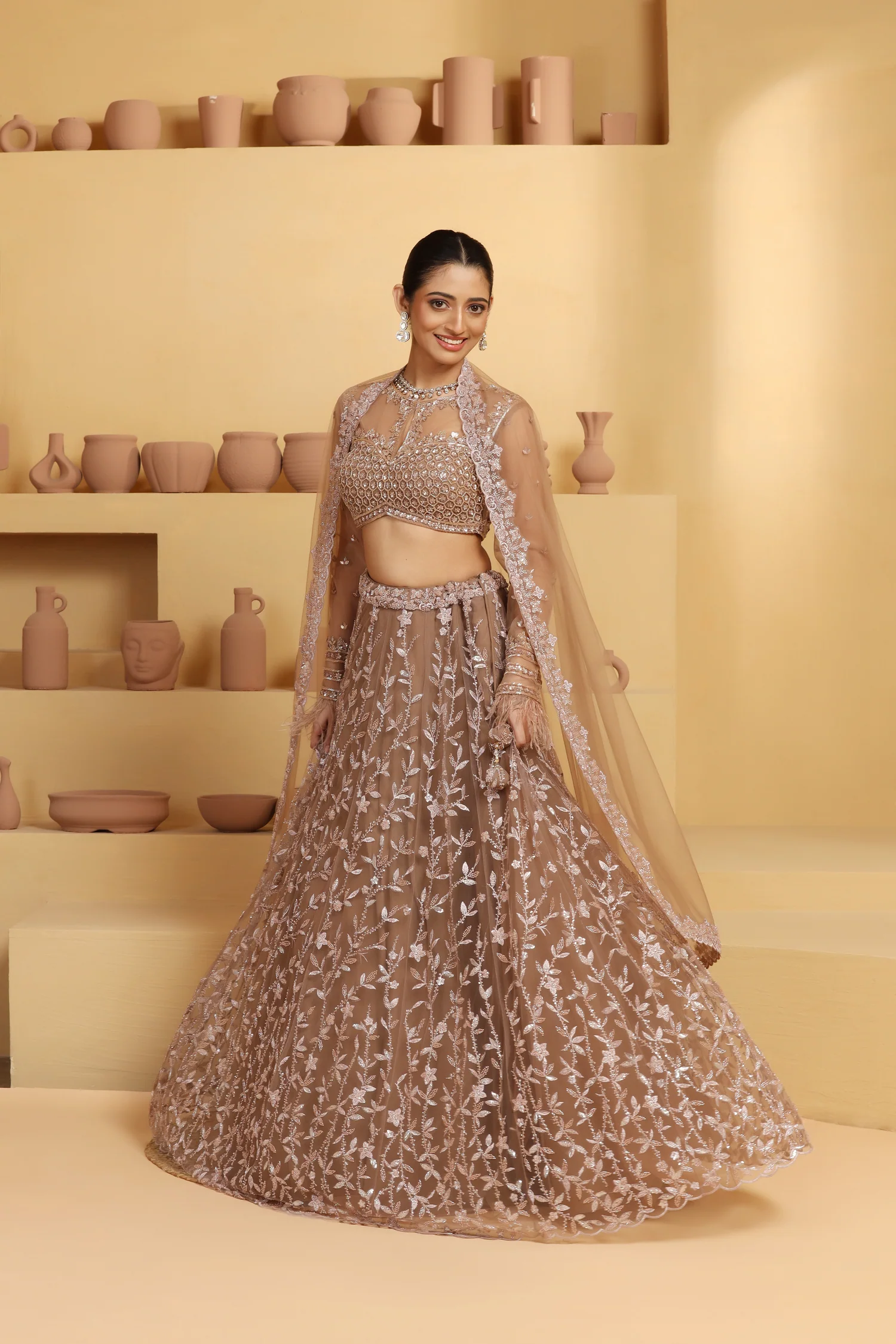 Floral Jaal Kalidar Lehenga with Pearl & Geometric Sequin Choli - Image 2