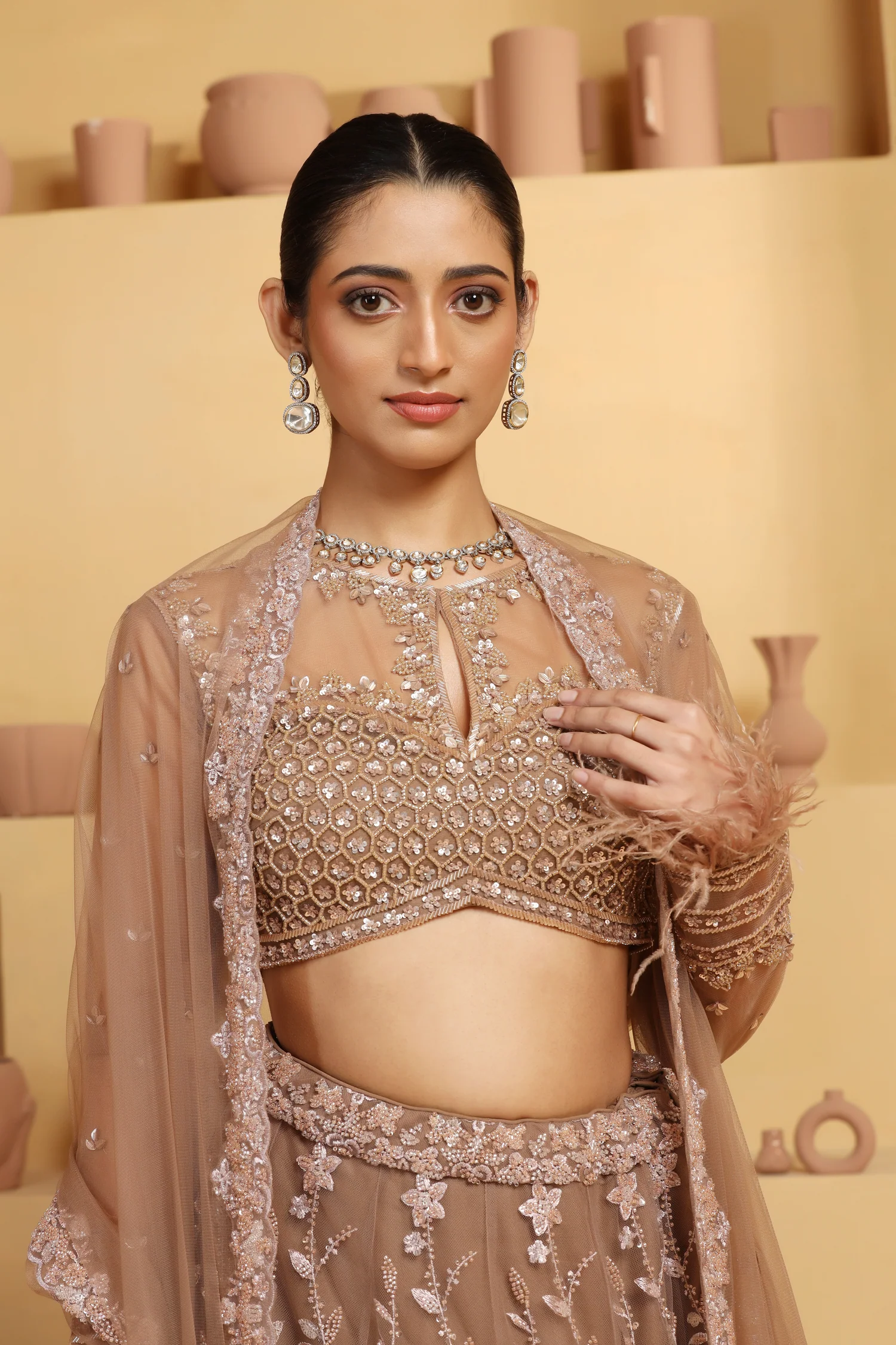 Floral Jaal Kalidar Lehenga with Pearl & Geometric Sequin Choli - Image 3