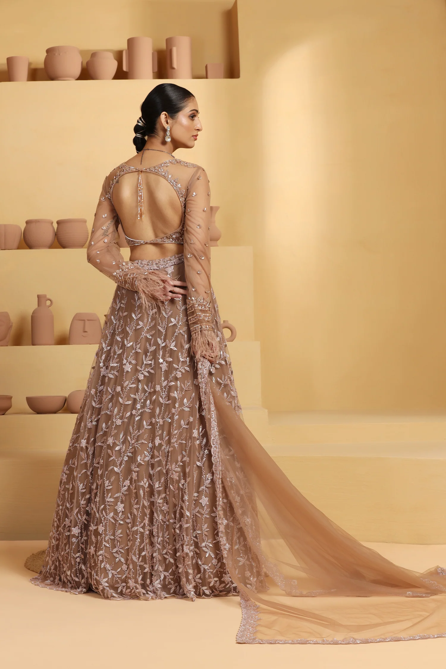 Floral Jaal Kalidar Lehenga with Pearl & Geometric Sequin Choli - Image 4