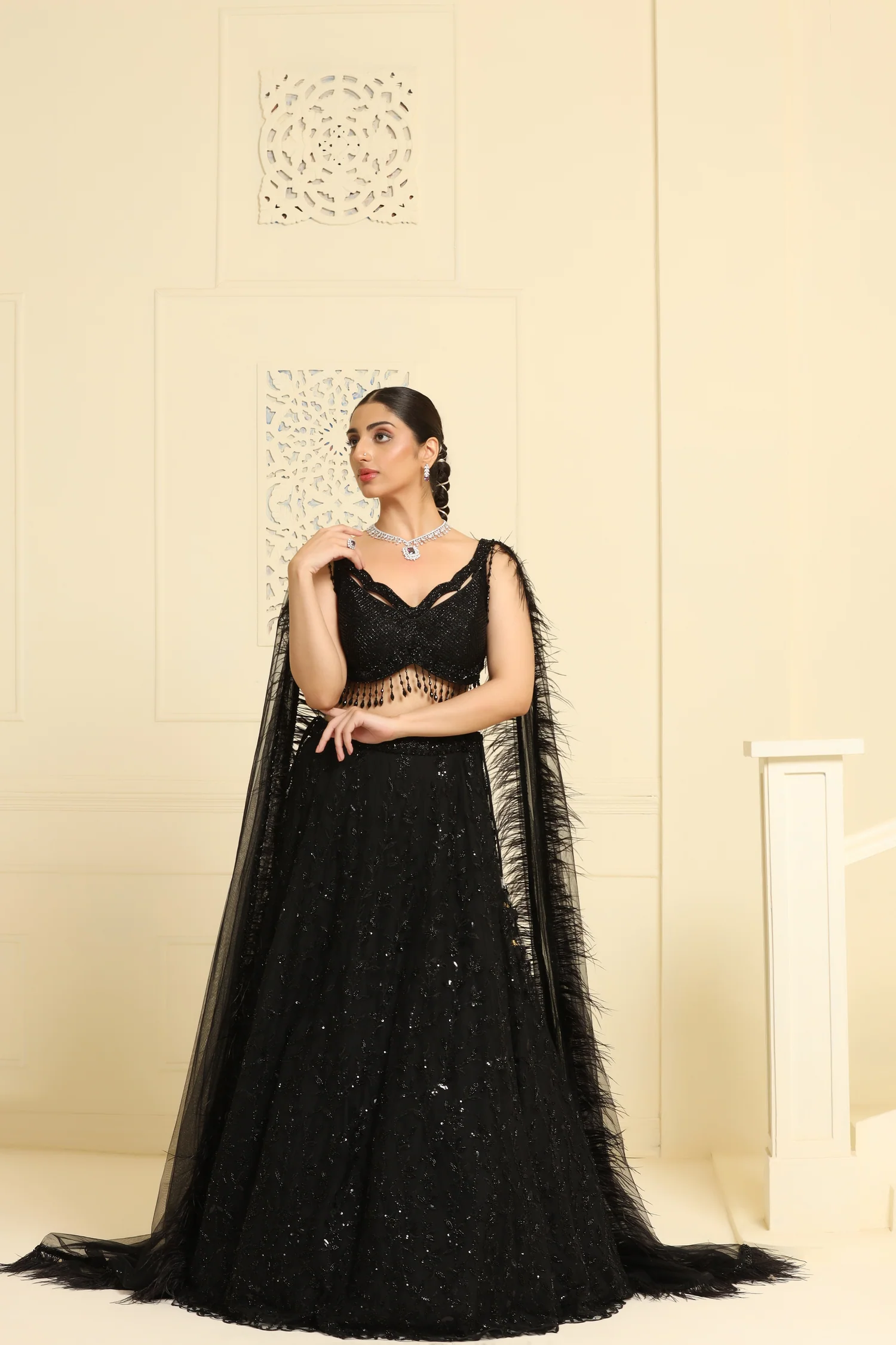 Black Floral Kalidar Lehenga with Geometric Cutdana Work Choli and Feather Detailed Dupatta