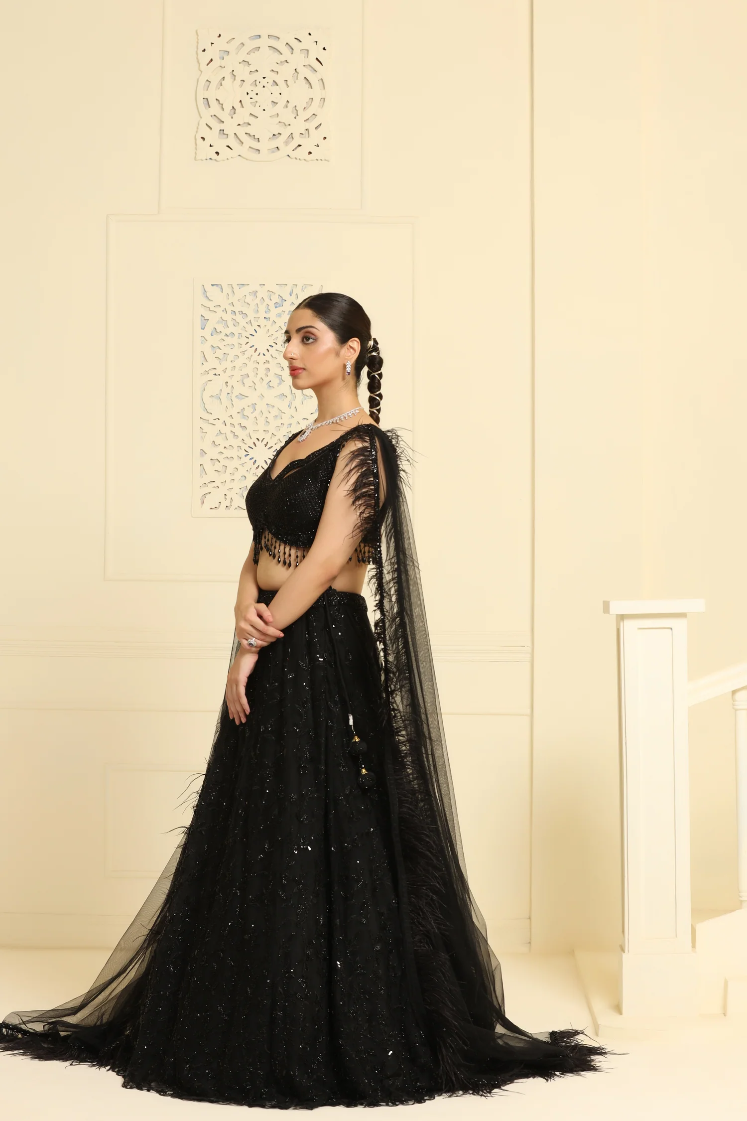 Black Floral Kalidar Lehenga with Geometric Cutdana Work Choli and Feather Detailed Dupatta - Image 4