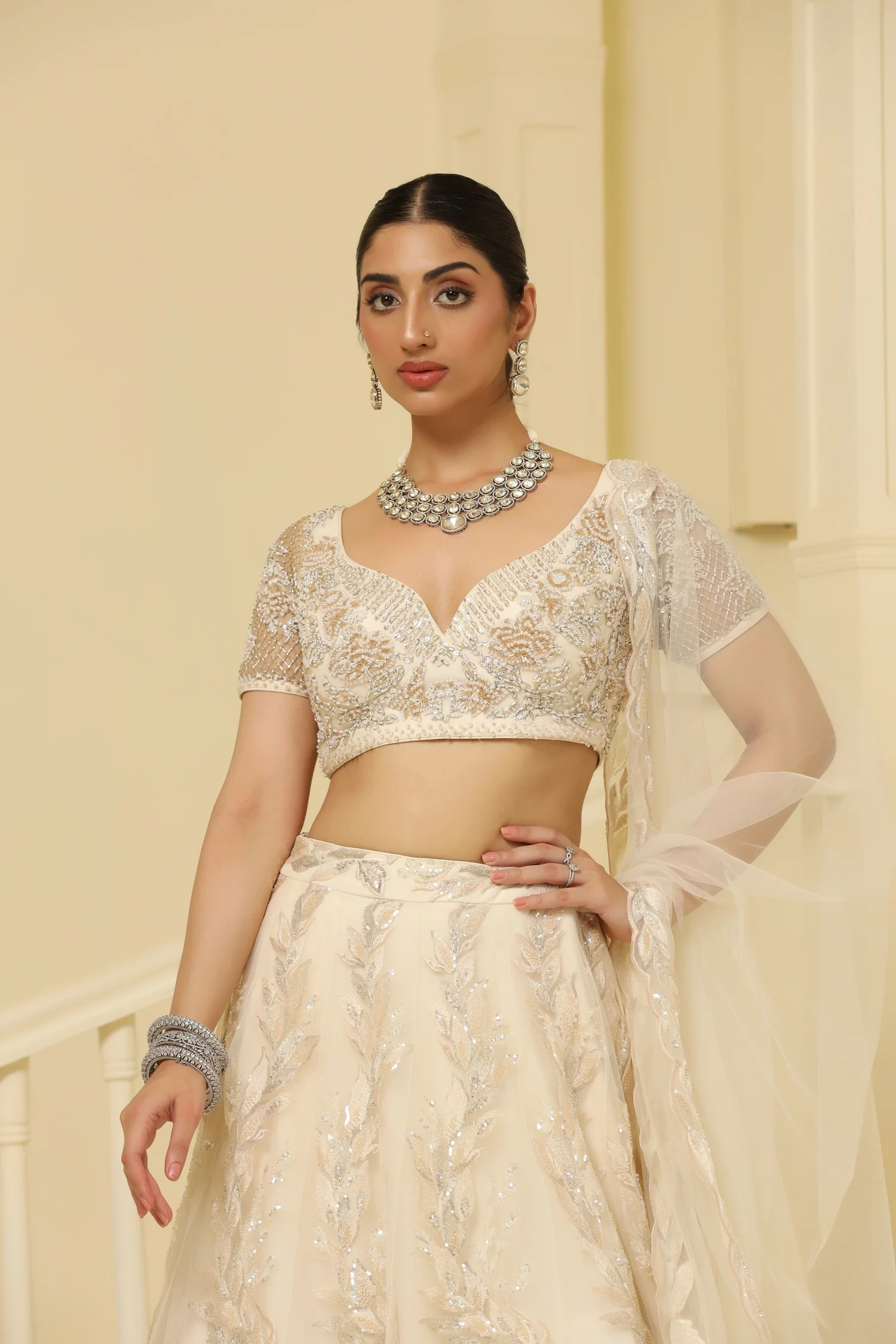 Beige Net Kalidar Lehenga Featuring 3D Floral Motifs and Cutdana Bead Embellishments - Image 4