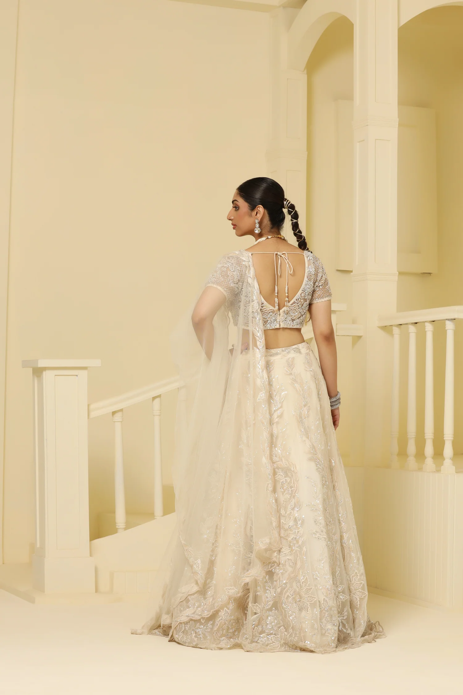 Beige Net Kalidar Lehenga Featuring 3D Floral Motifs and Cutdana Bead Embellishments - Image 2