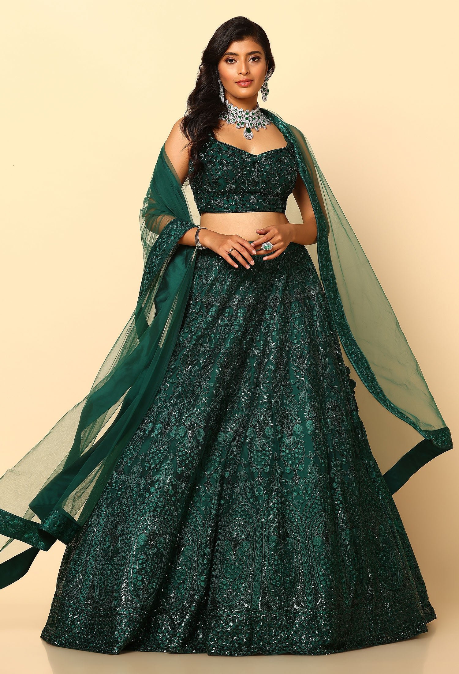 Bottle Green Lehenga with Tone on Tone Sequin Work