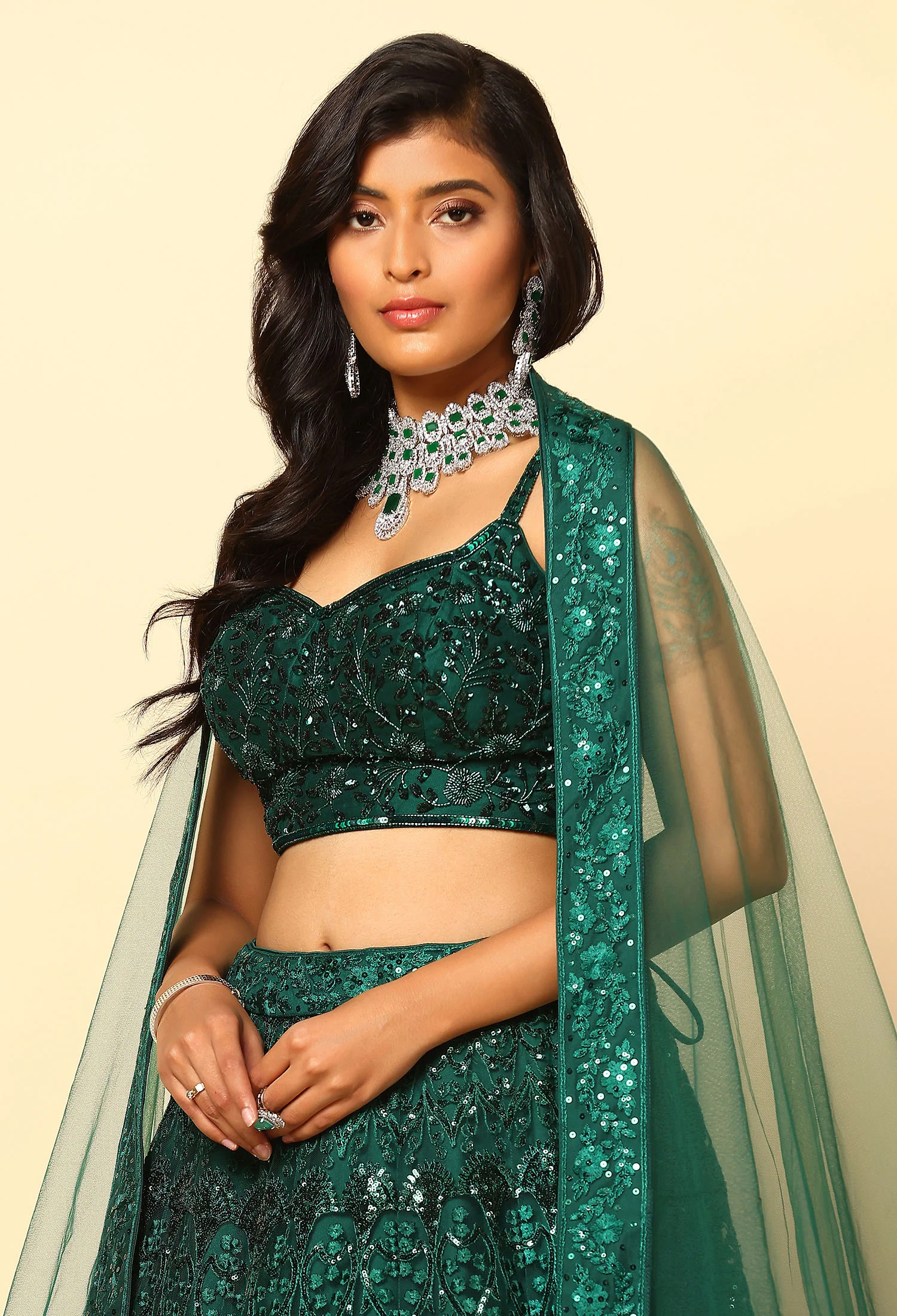 Bottle Green Lehenga with Tone on Tone Sequin Work - Image 5