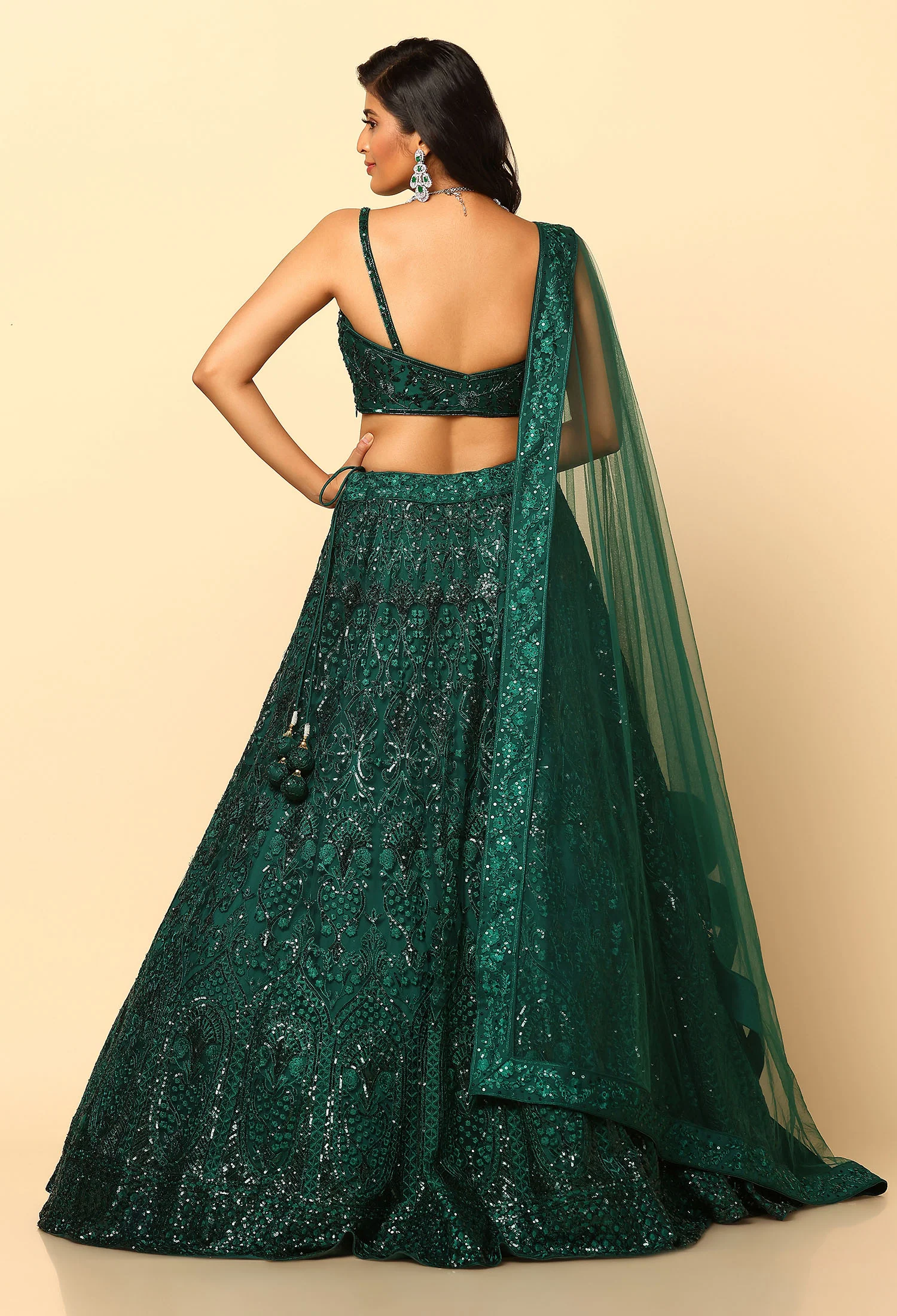 Bottle Green Lehenga with Tone on Tone Sequin Work - Image 4