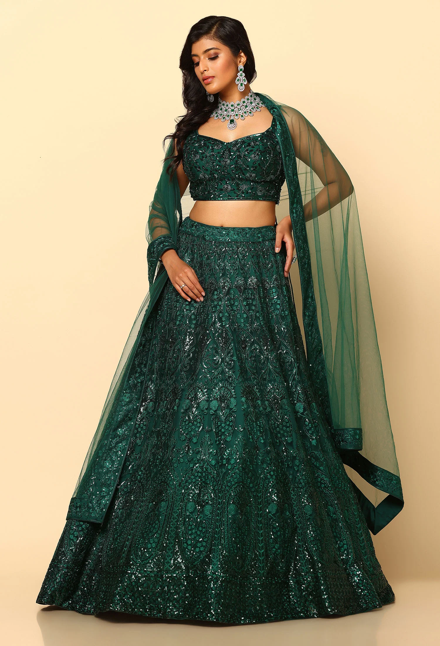 Bottle Green Lehenga with Tone on Tone Sequin Work - Image 3
