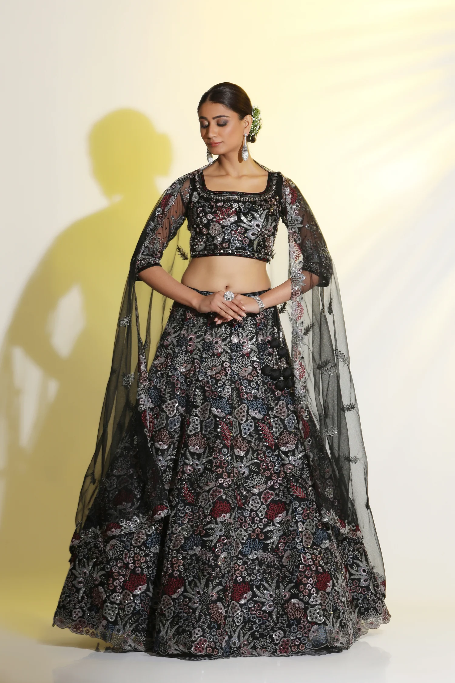 Sequin & cutdana detailed lehenga with handcrafted and machine dori work