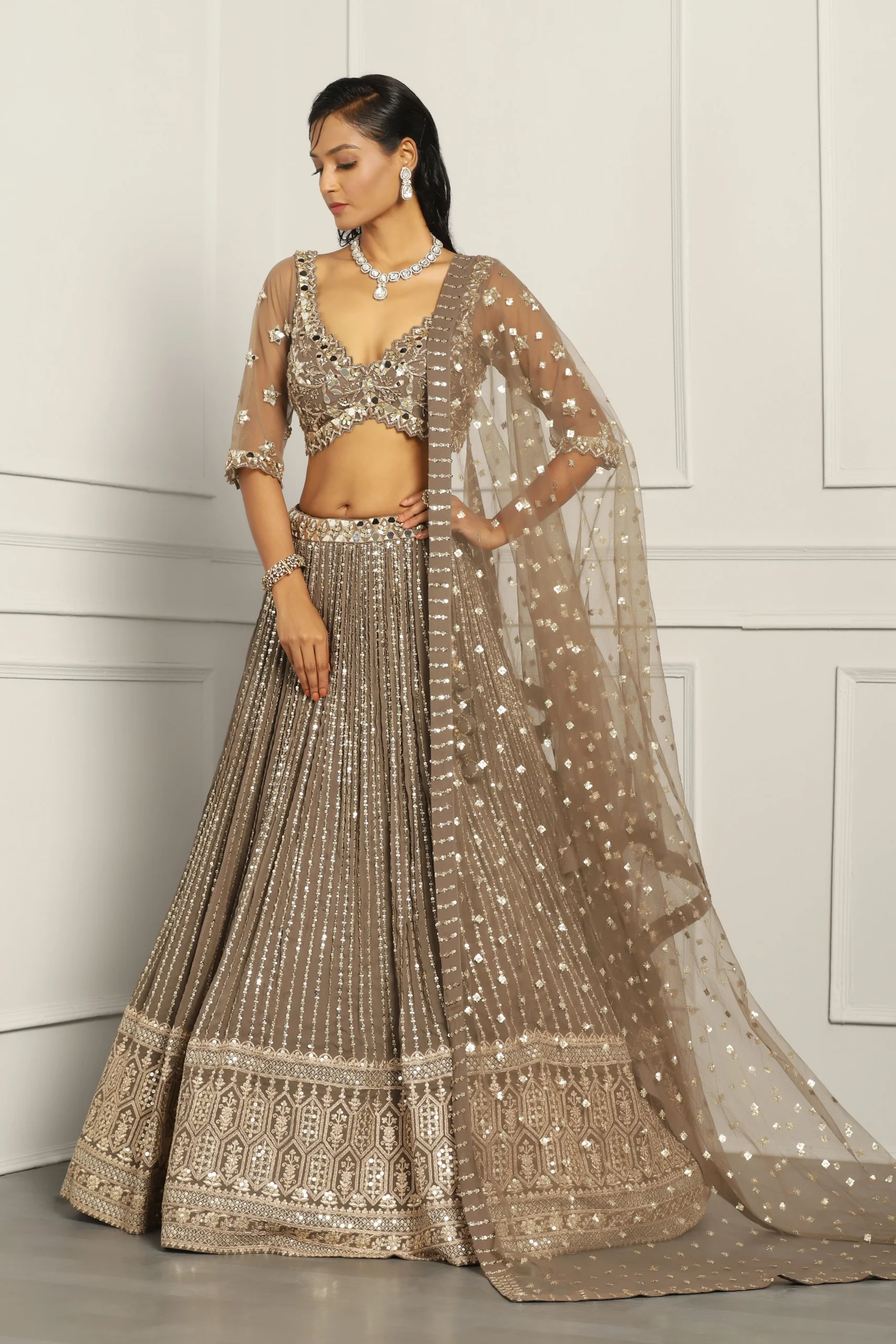 Dusty Brown Georgette Lehenga with Handcrafted Sequin & Mirror Dabka Embellishments