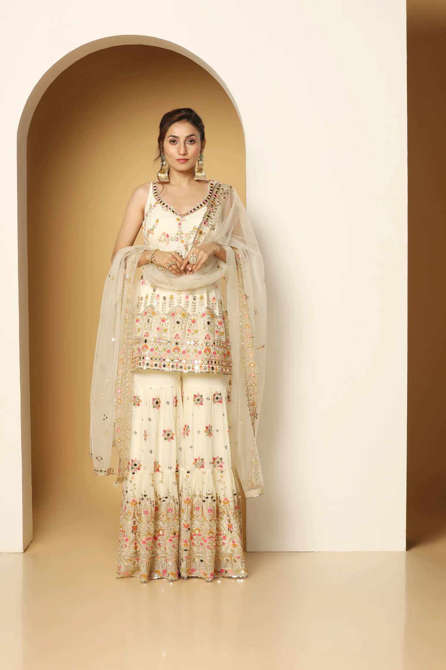 Ivory Sharara Suit with Multi-Coloured Resham & Foil Work