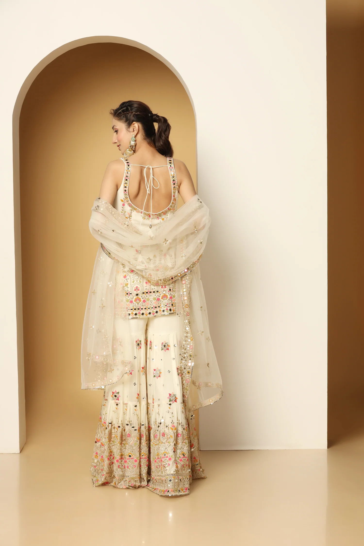 Ivory Sharara Suit with Multi-Coloured Resham & Foil Work - Image 2