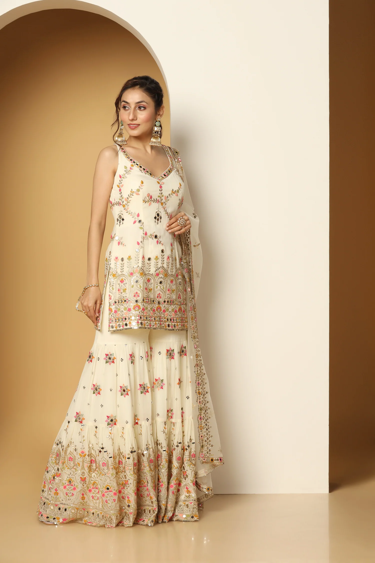 Ivory Sharara Suit with Multi-Coloured Resham & Foil Work - Image 4