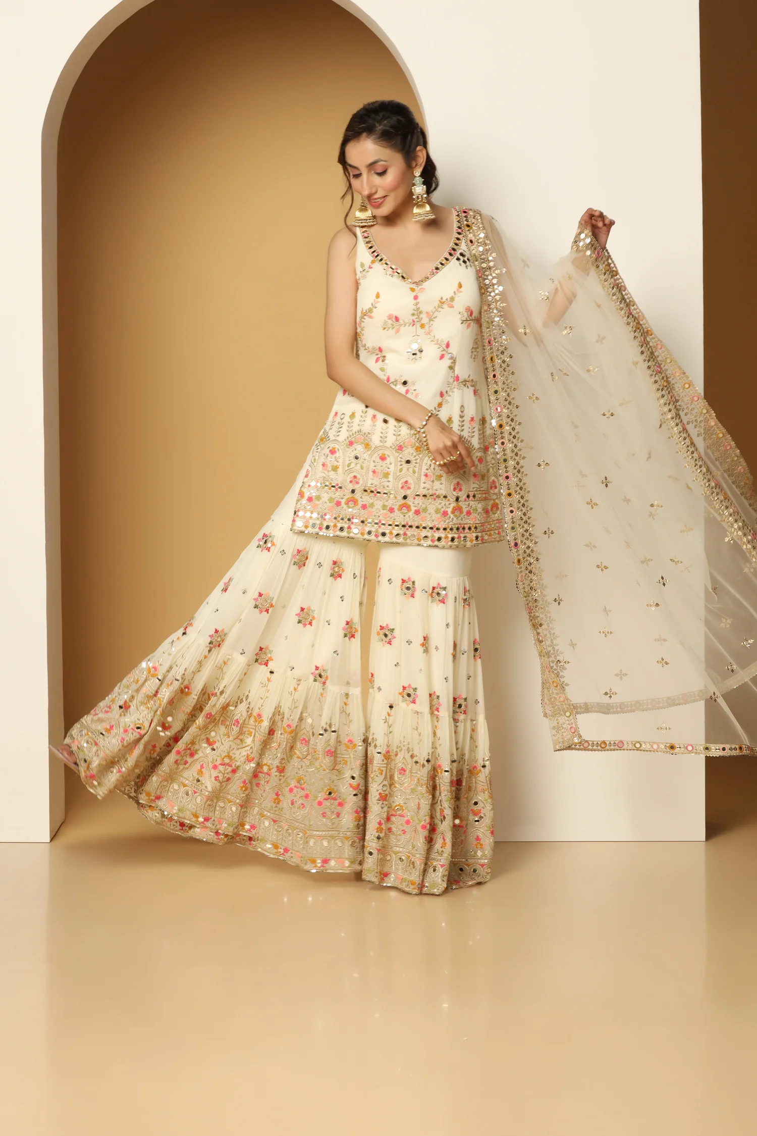 Ivory Sharara Suit with Multi-Coloured Resham & Foil Work - Image 3