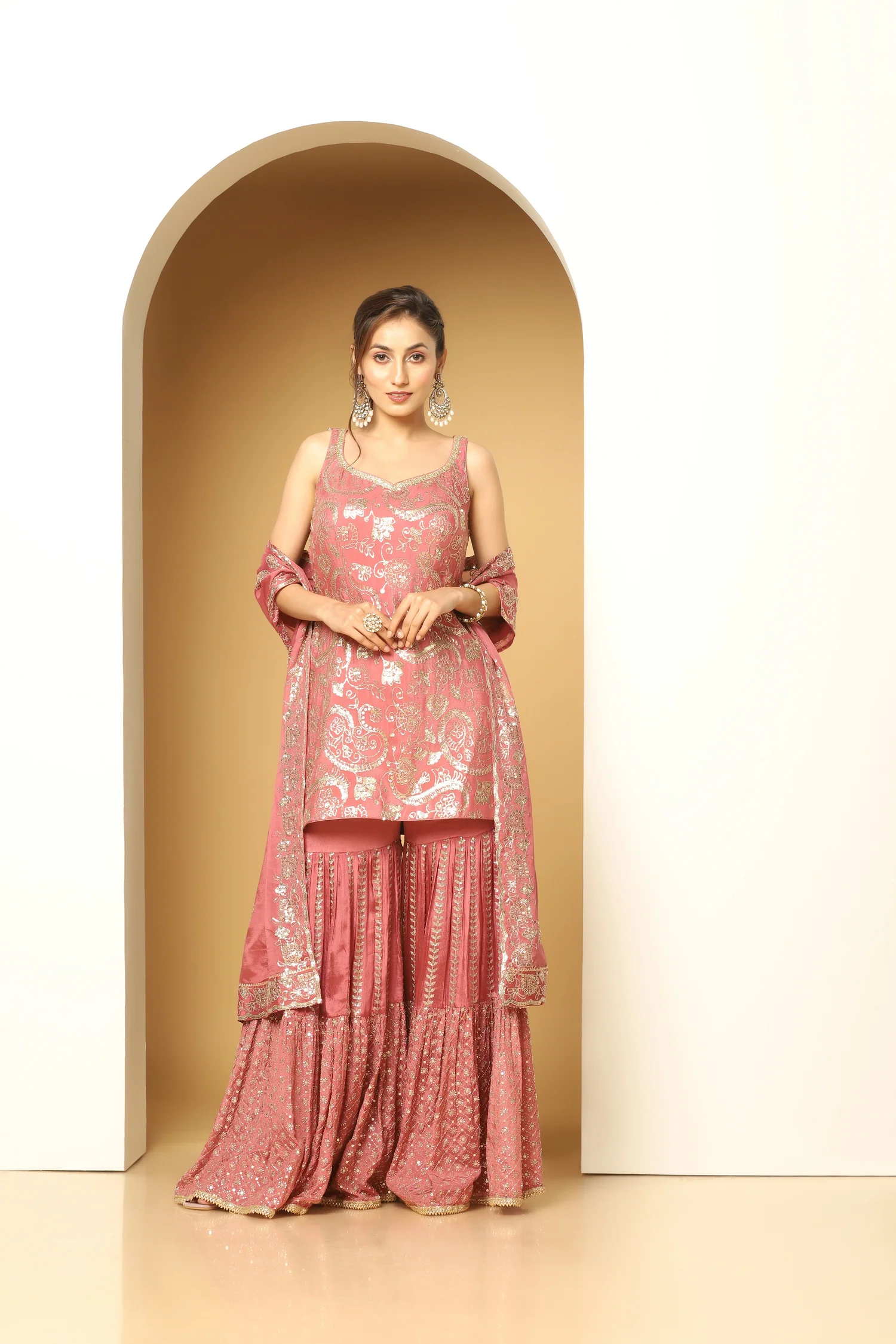 Glittering Pink Sequin Paisley Sharara Suit with Elegant Dupatta Border