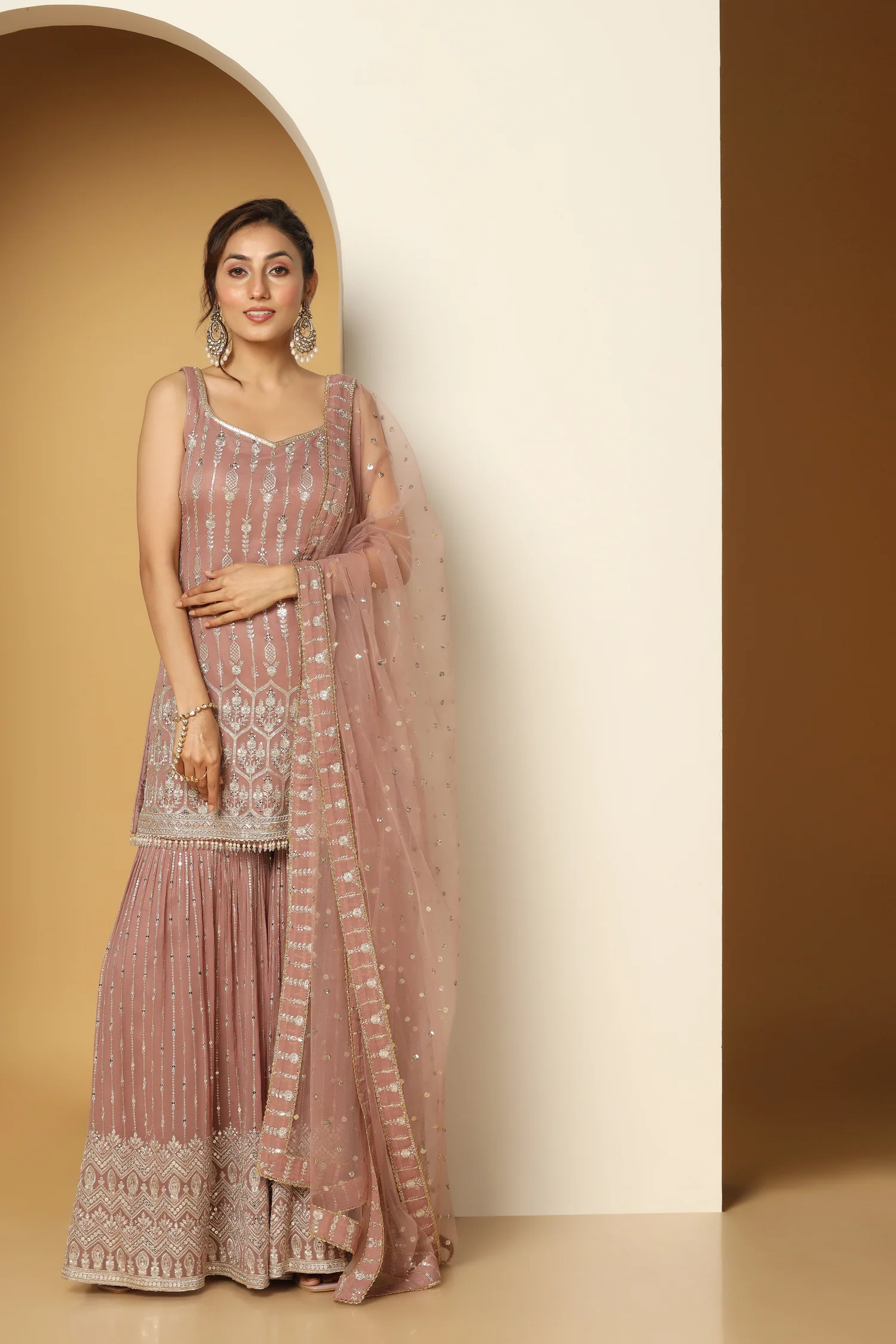 Pinkish Beige Tasseled Sharara Suit with Zari & Sequin Embroidery