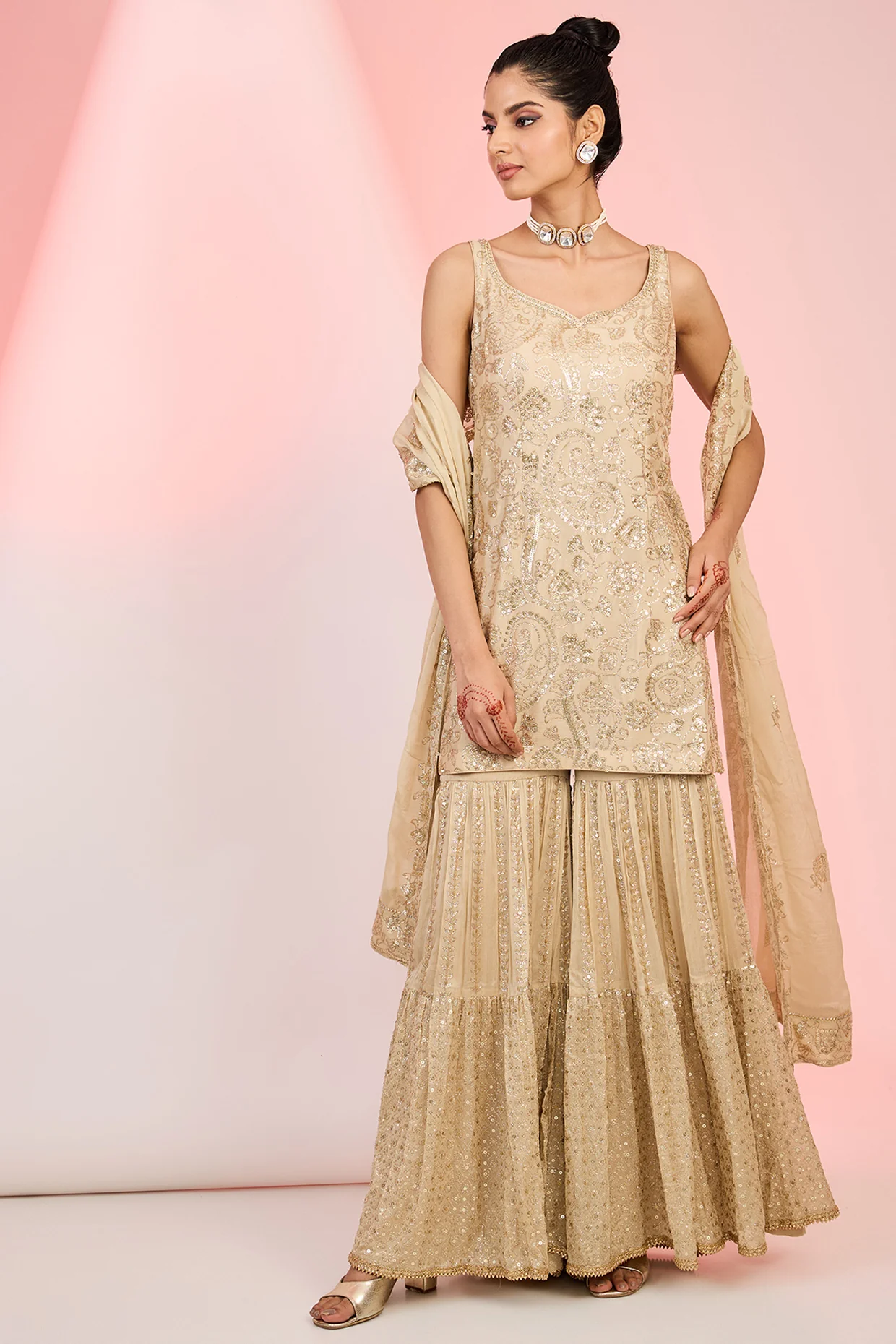 Beige Chinon Sequin Embroidered Sharara Set