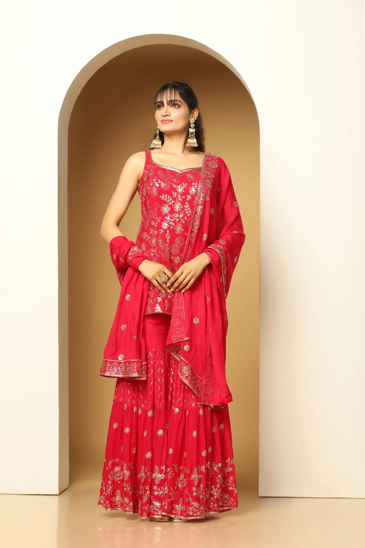 Crimson Sequin Embroidered Short Kurti & Sharara