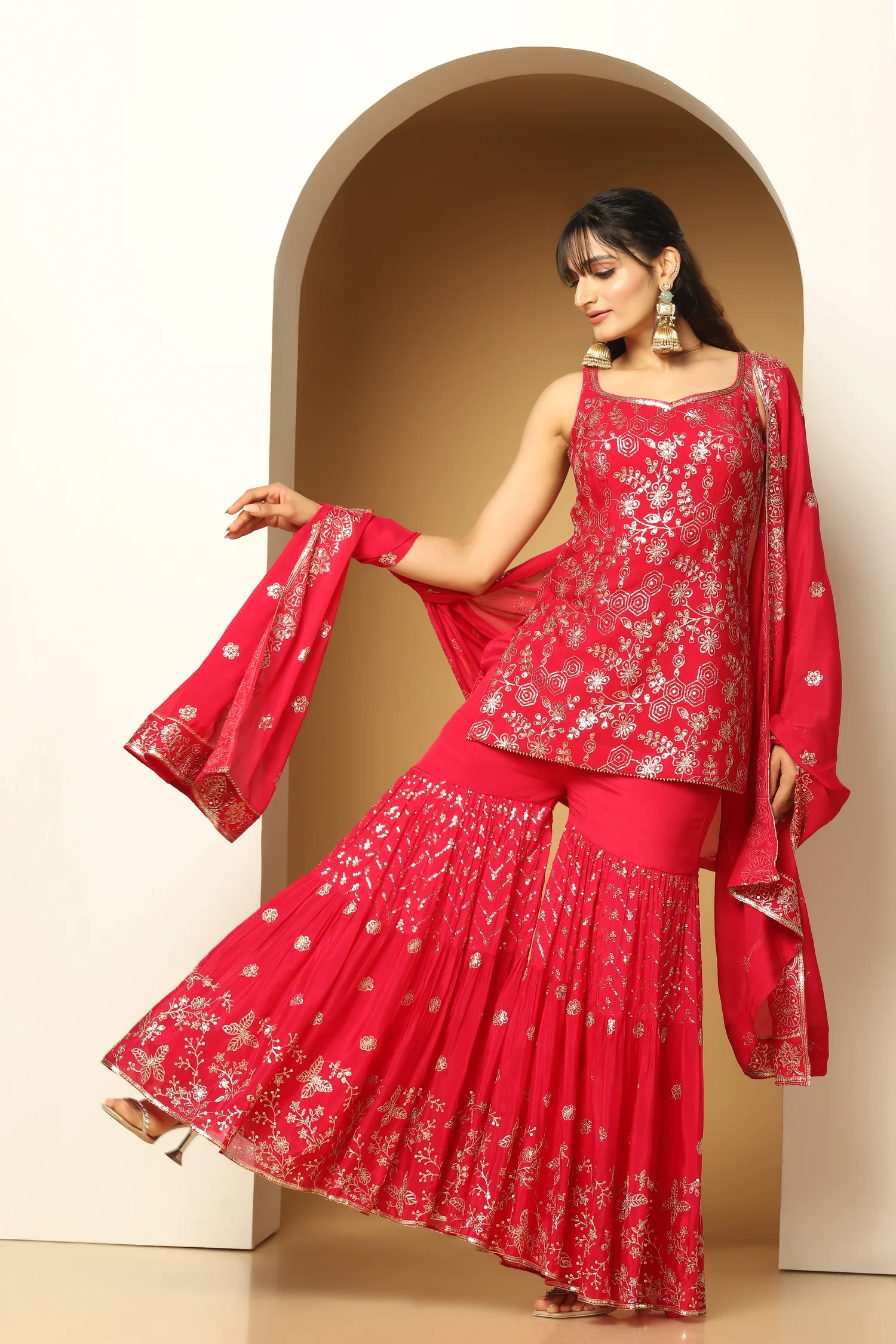 Crimson Sequin Embroidered Short Kurti & Sharara - Image 4