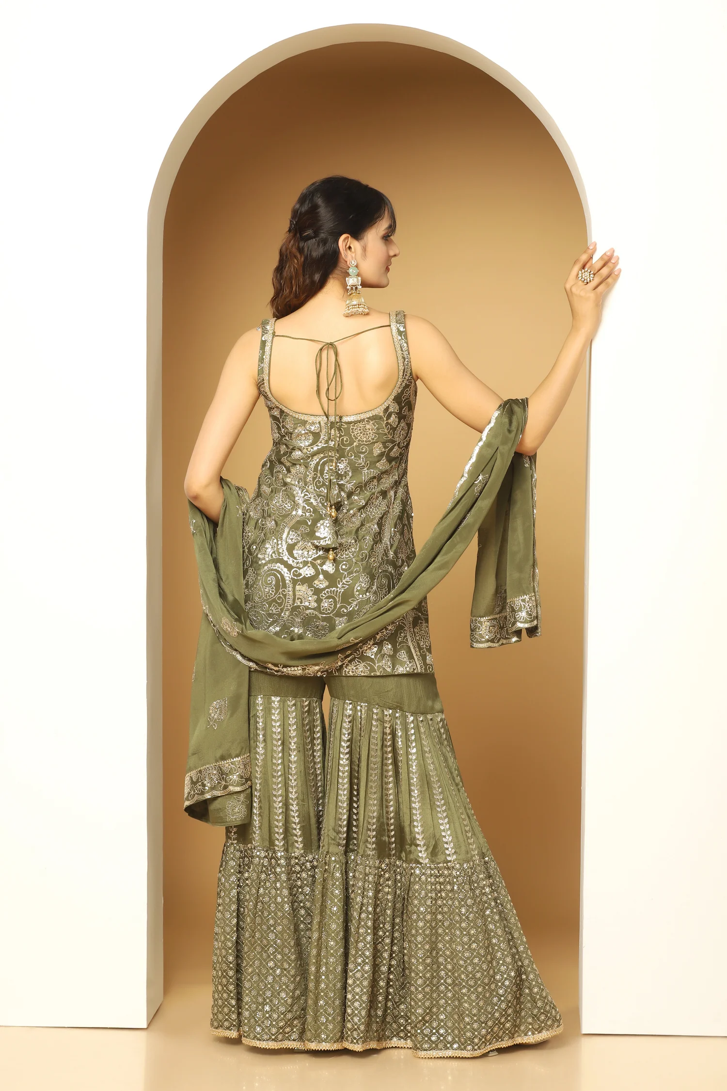Olive Green Chinon Chiffon Sequin Paisley Sharara Suit - Image 2