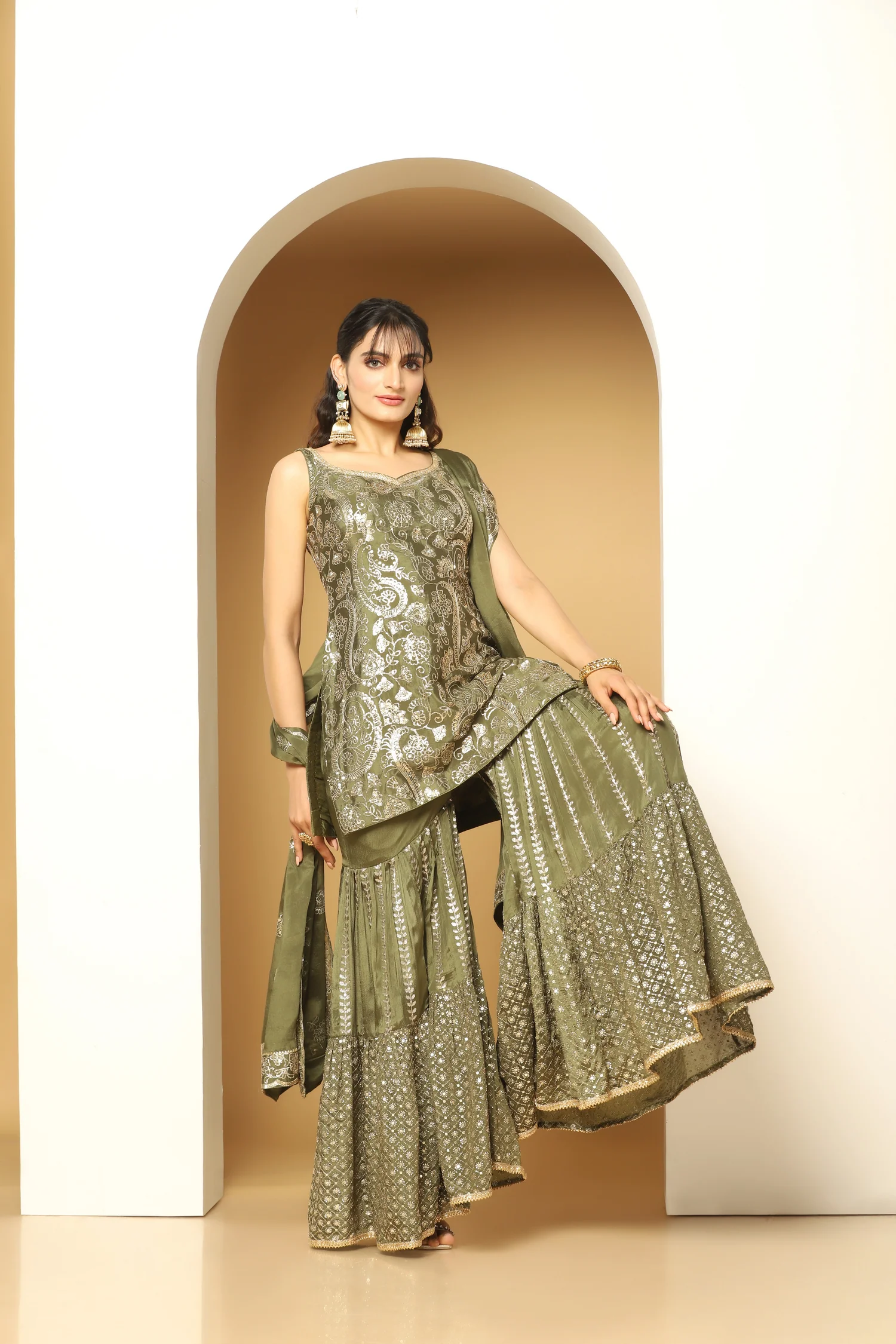 Olive Green Chinon Chiffon Sequin Paisley Sharara Suit - Image 5