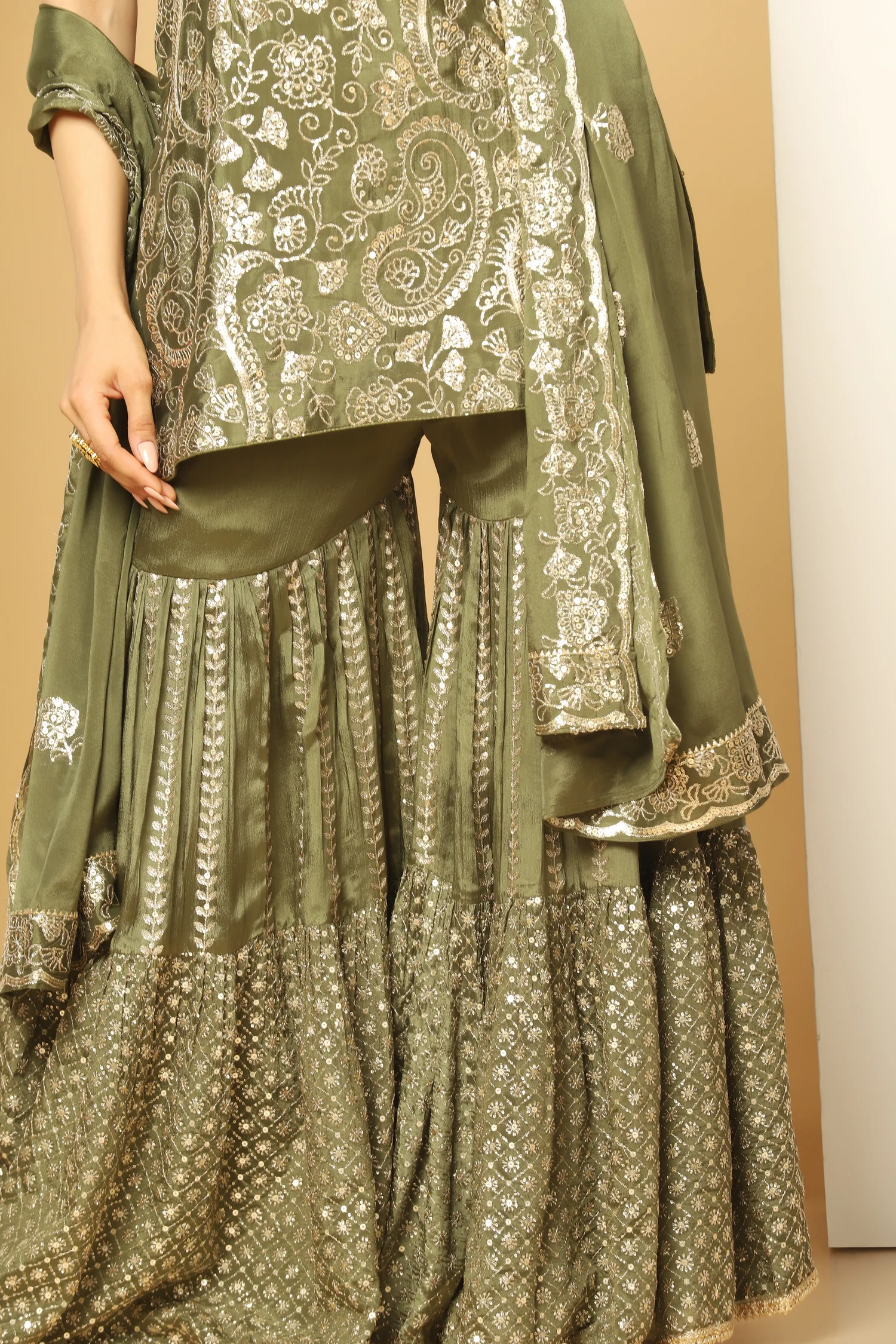 Olive Green Chinon Chiffon Sequin Paisley Sharara Suit - Image 4