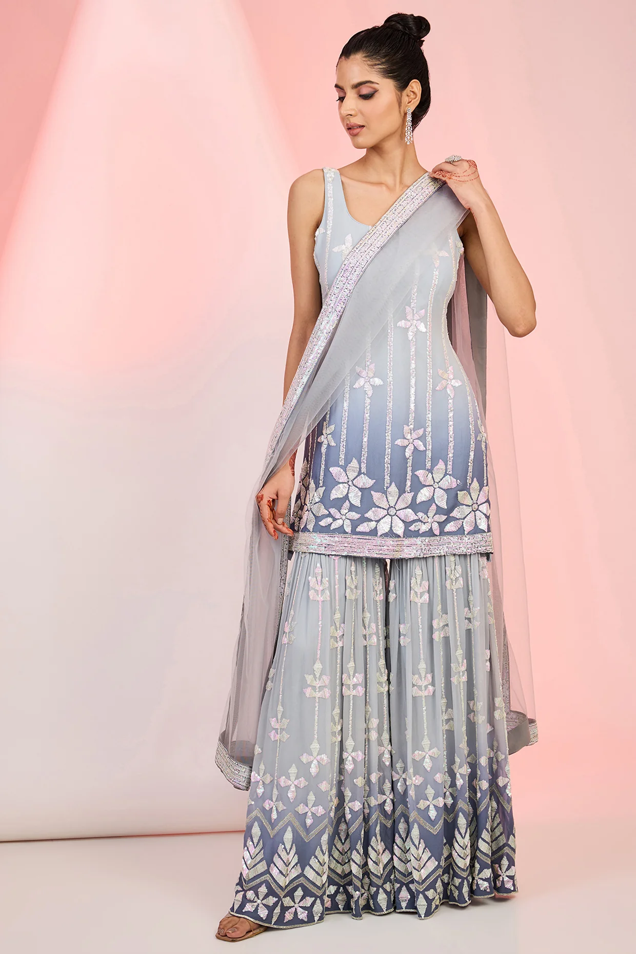 Ombre Chinon Kurta Sharara with Chic Sequin Embroidery