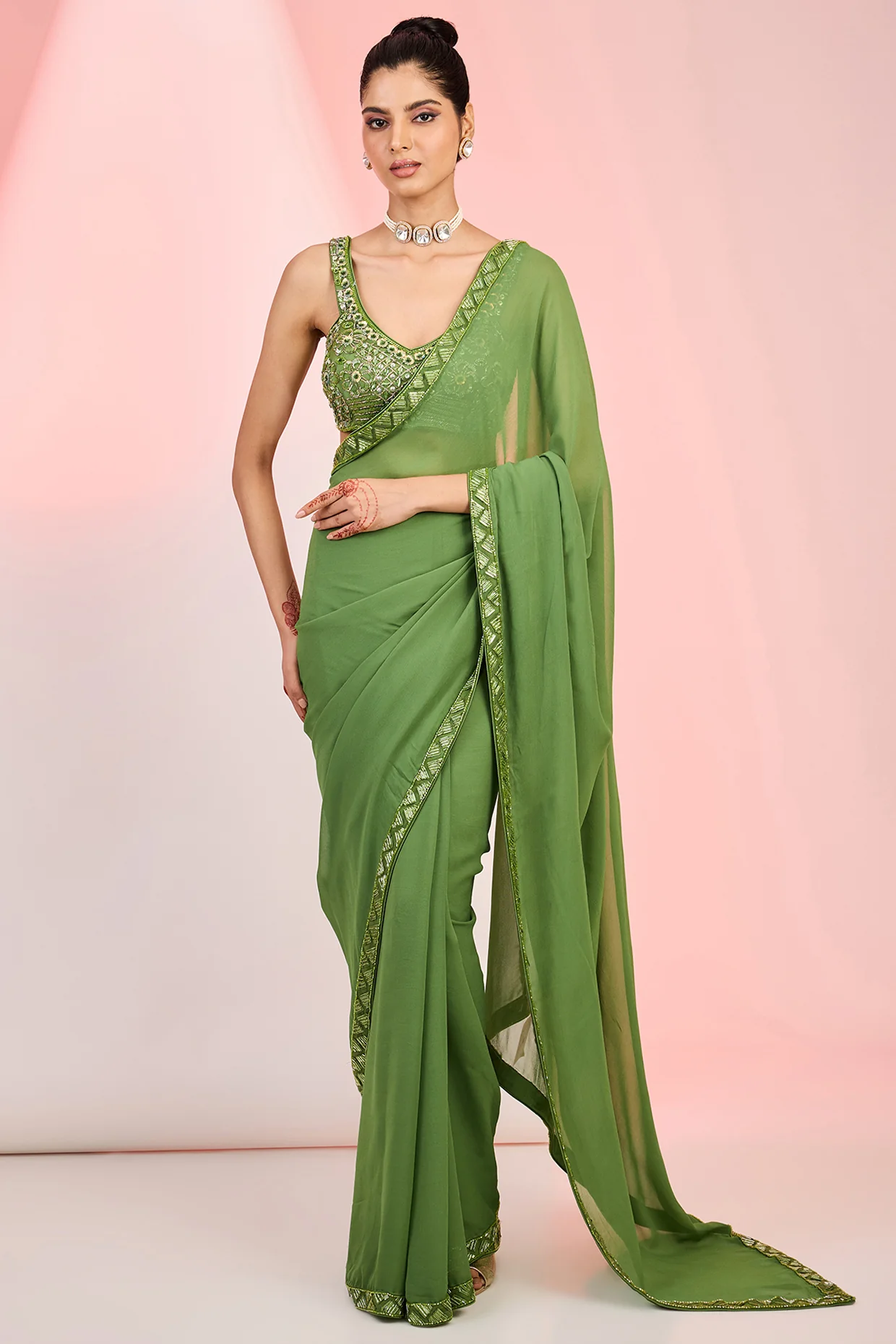 Mehendi Green Georgette Saree with Cutdana & Sequin Hand Embellished Blouse