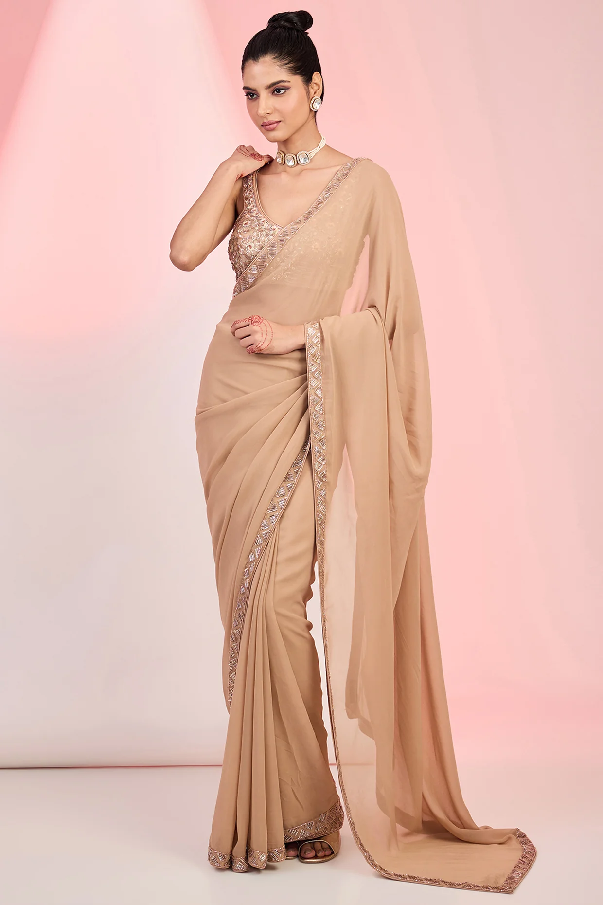 Fawn Georgette Saree with Cutdana & Sequin Hand Embellishments