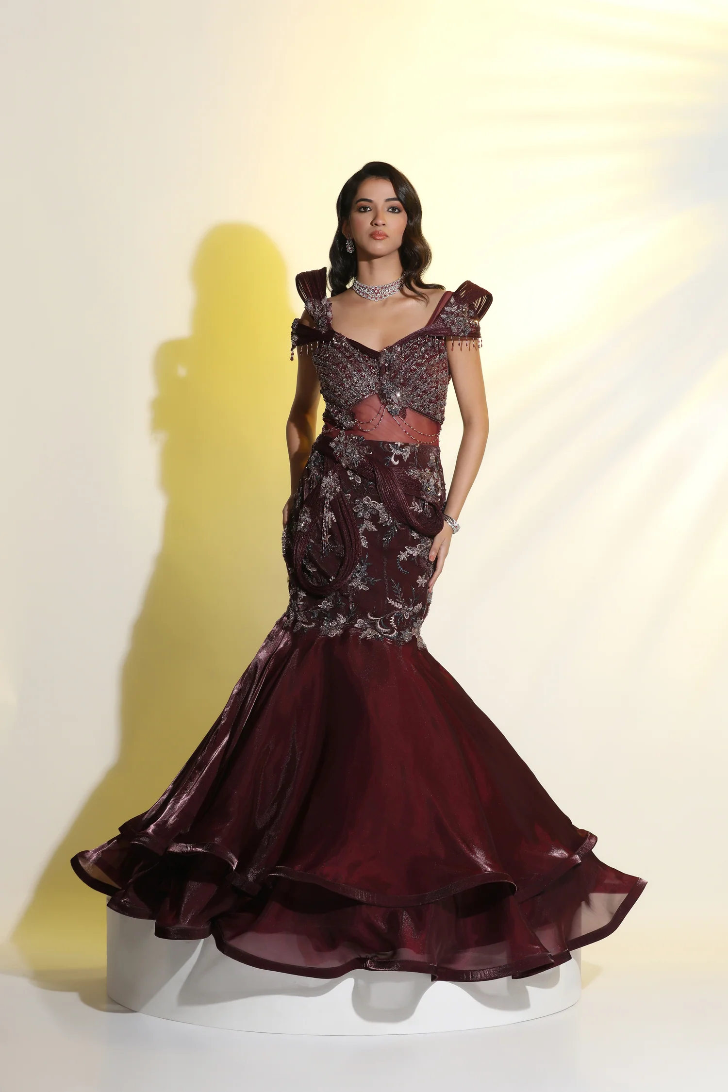 Wine Embroidered Layer Gown – A Symphony of Elegance