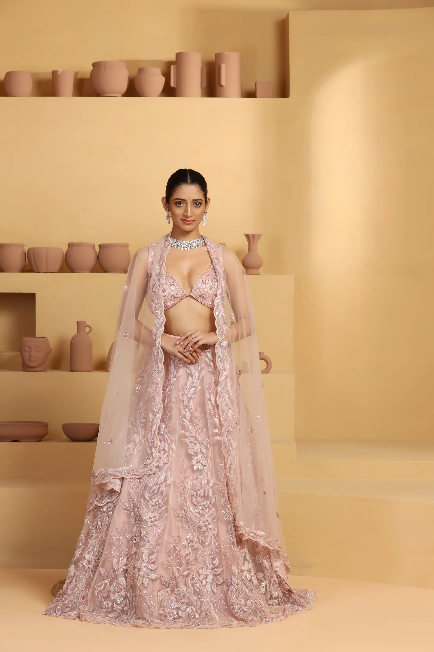 Rose Gold Radiance Net Kalidar Hand-Embellished Lehenga