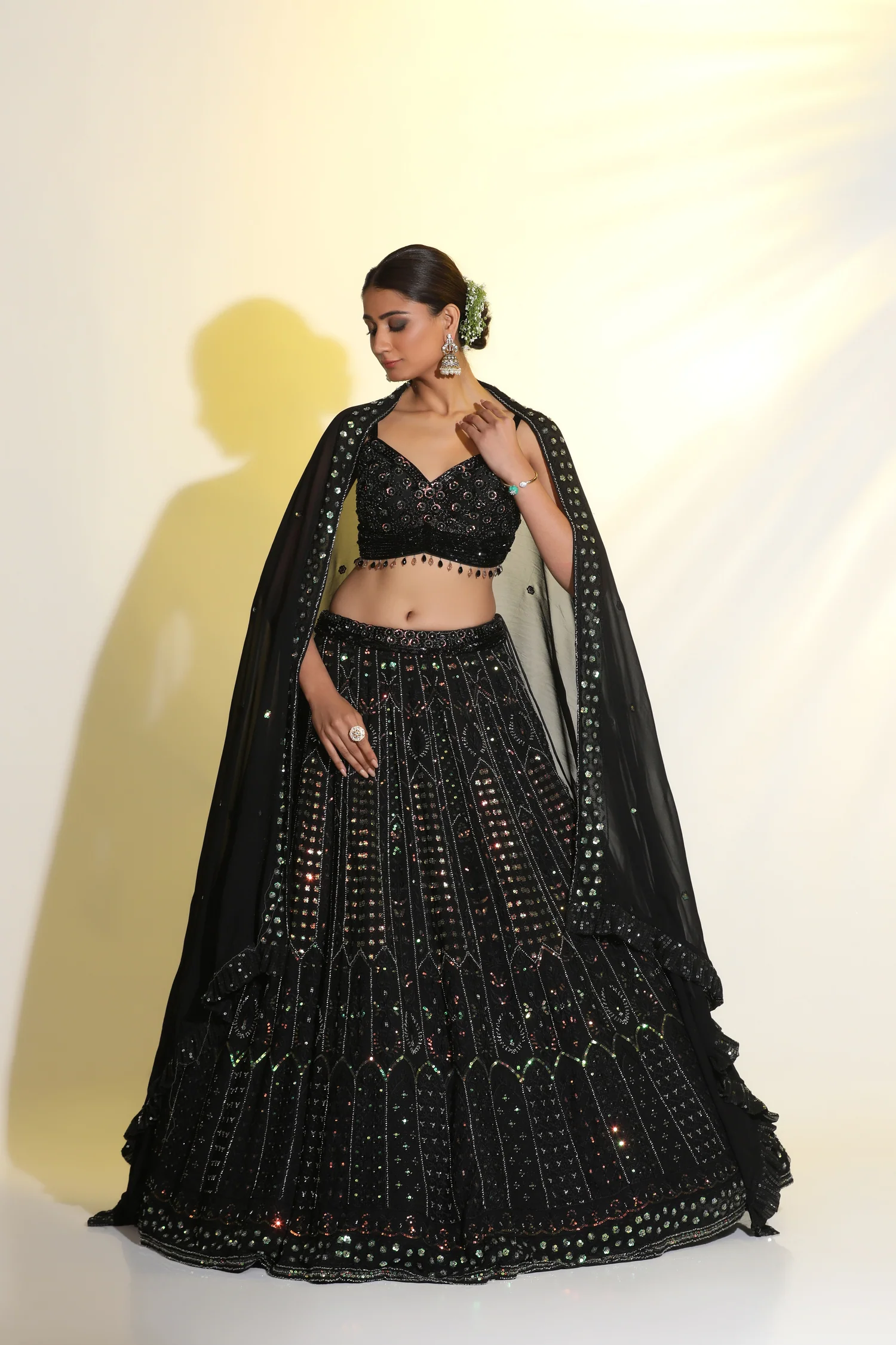 Midnight Bloom Black Semi-Bridal Handcrafted Lehenga