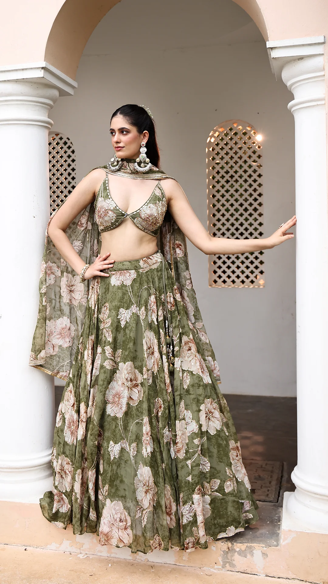 Olive Blossom Floral Printed Sequin Embroidered Lehenga