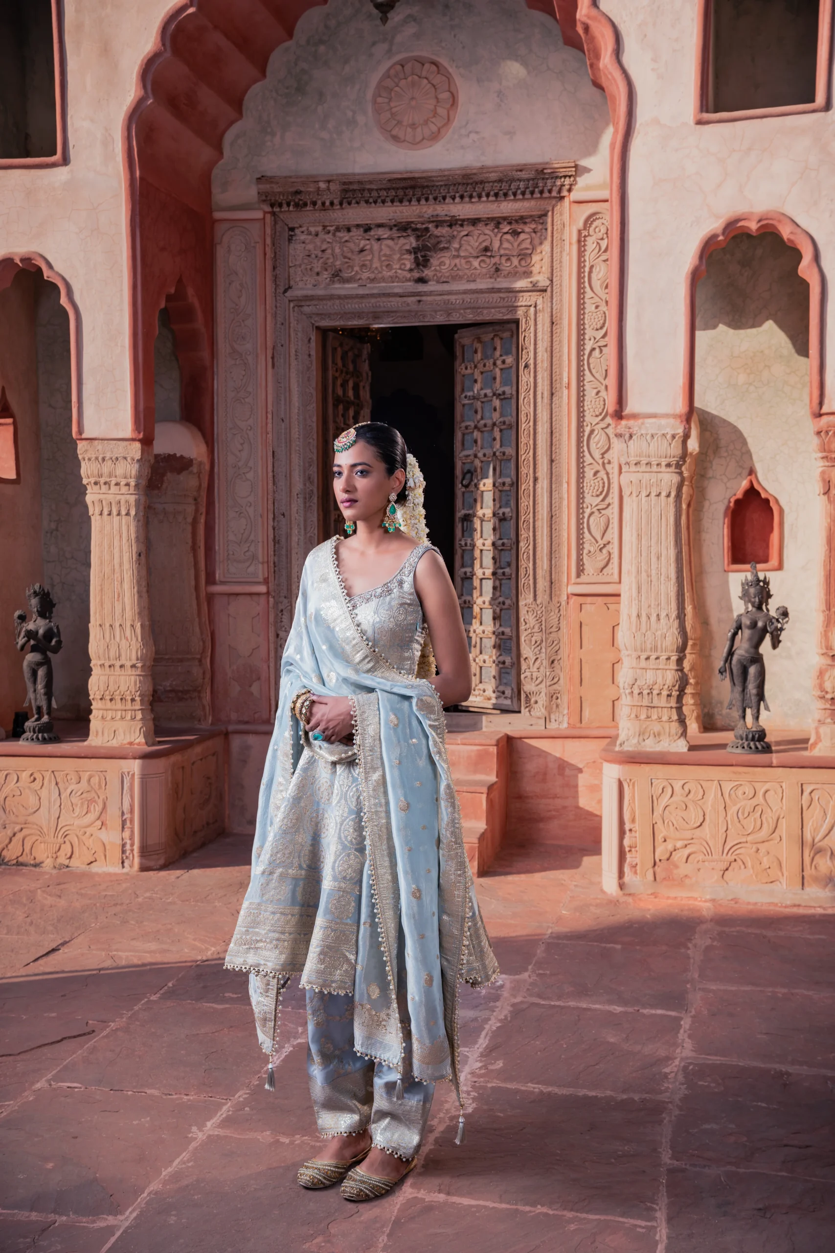 Ice Blue Tissue Hand Embellished Kalidar Anarkali Set - Image 2