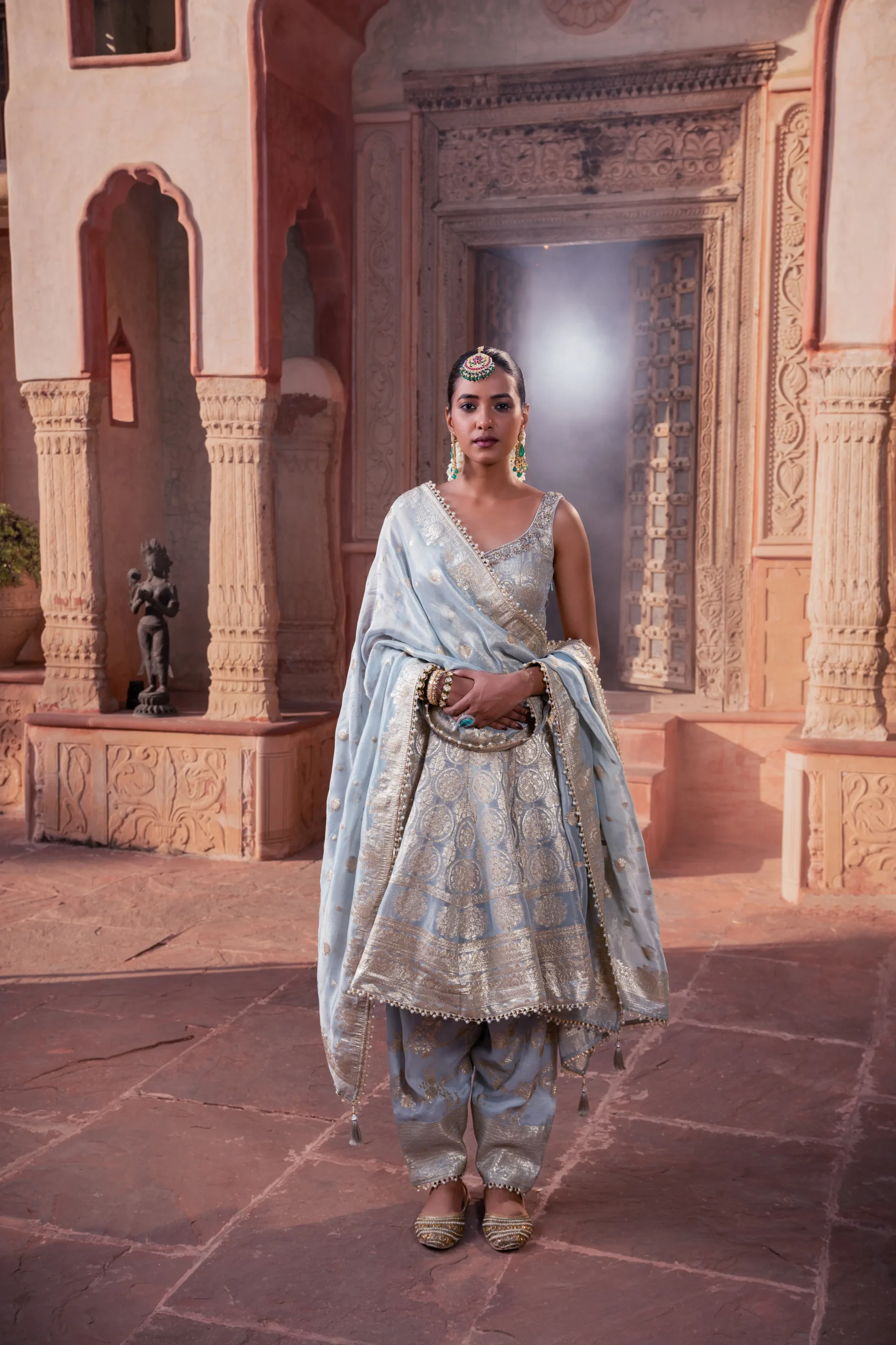 Ice Blue Tissue Hand Embellished Kalidar Anarkali Set