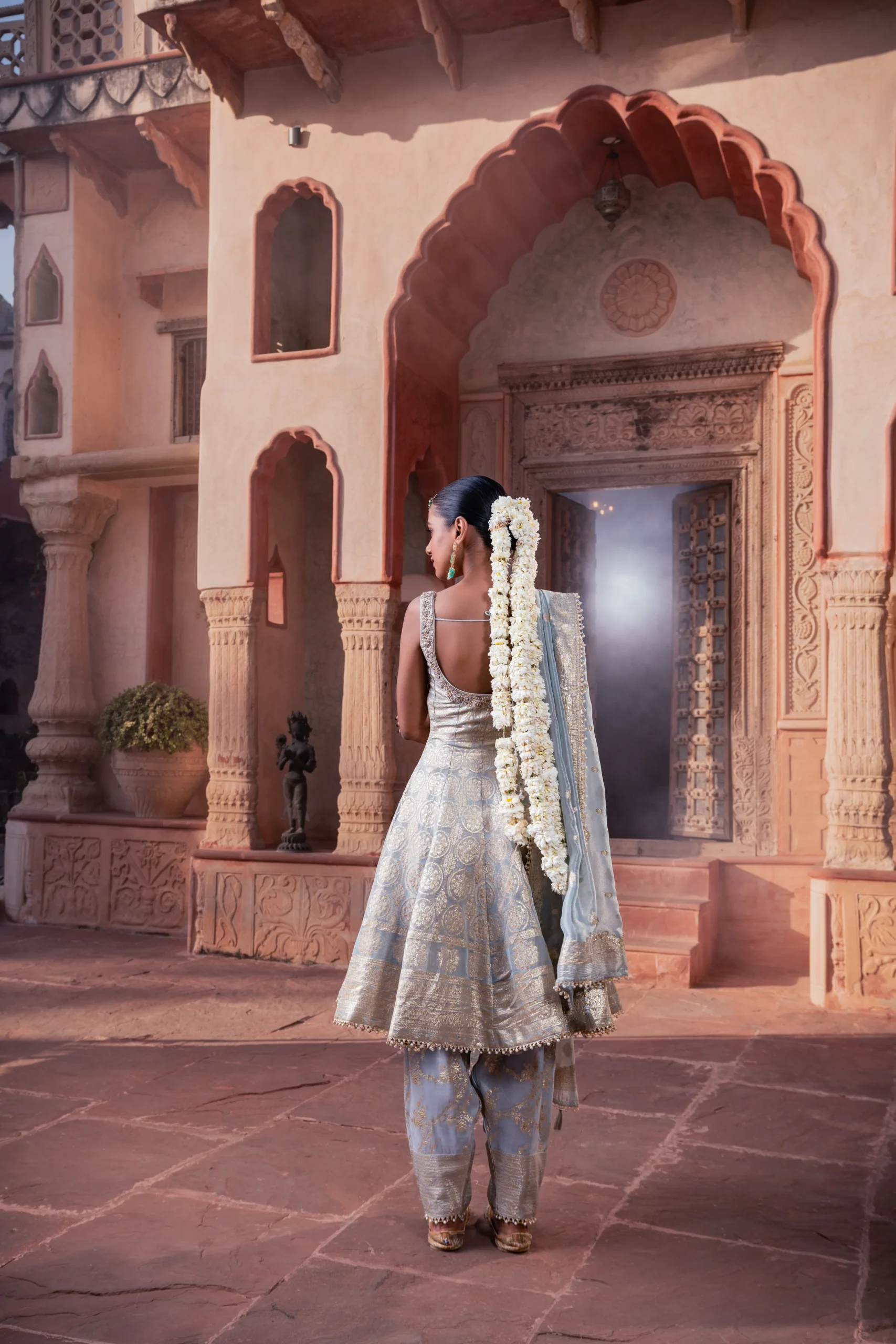 Ice Blue Tissue Hand Embellished Kalidar Anarkali Set - Image 4