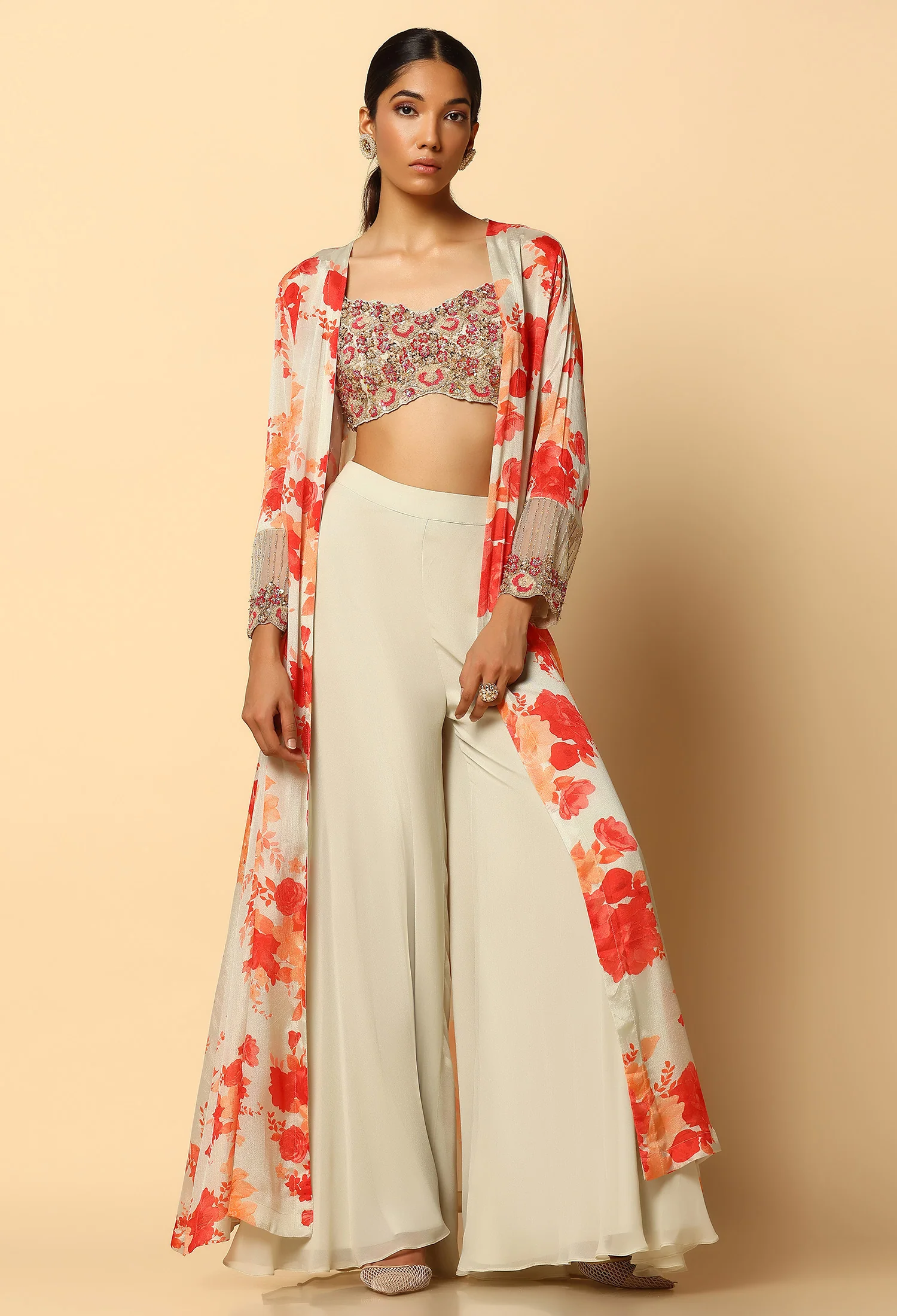 Printed Cape and Contrasting Embroidered Blouse with Gharara