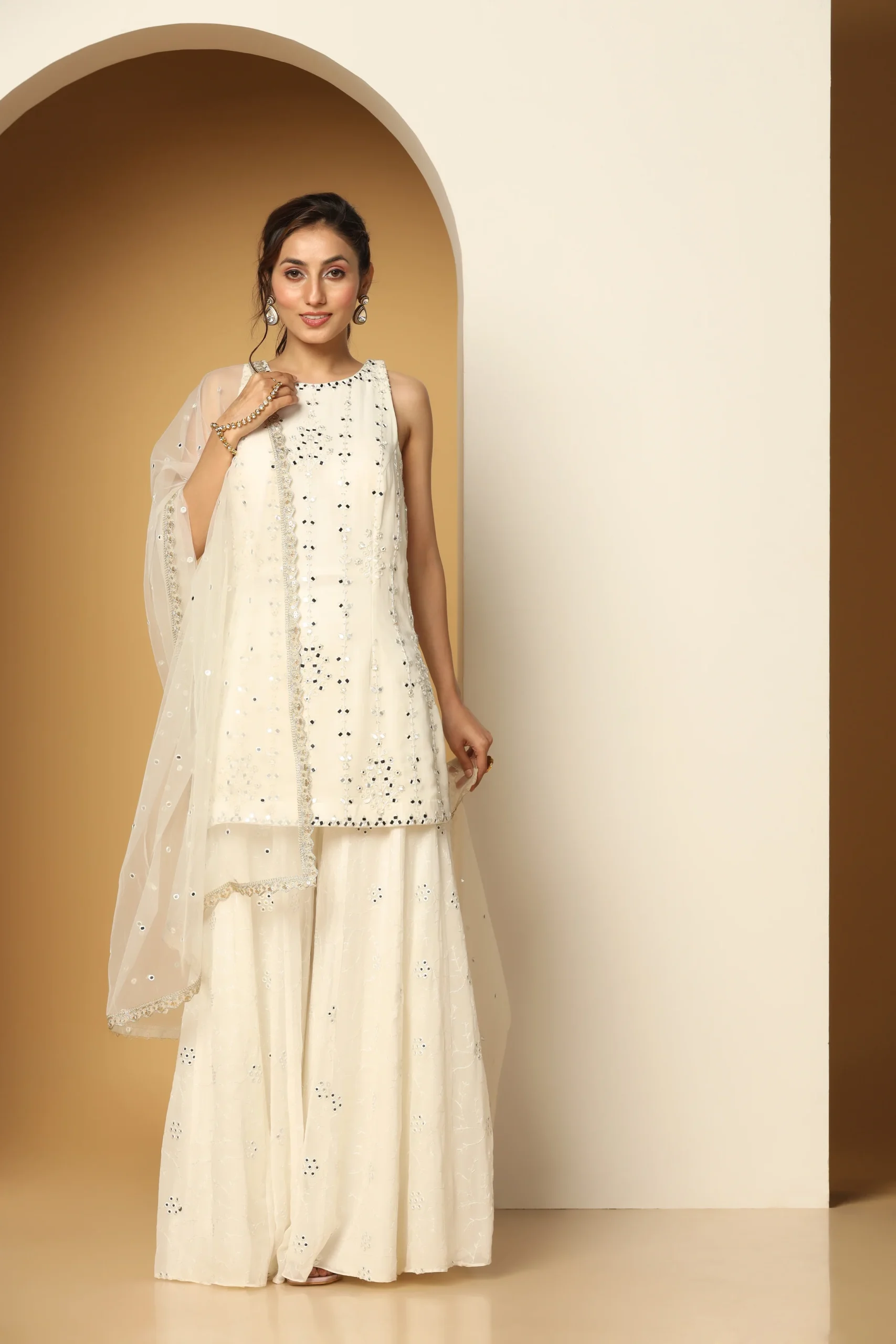 White Georgette Sequins Embroidered Gharara Set