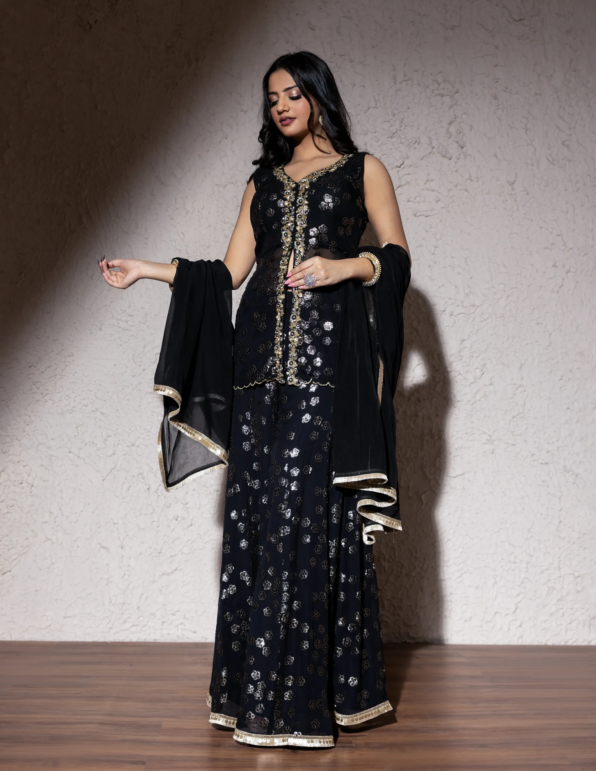 Combination of Colour Patch and Dori Sequin Crafted Suit Set