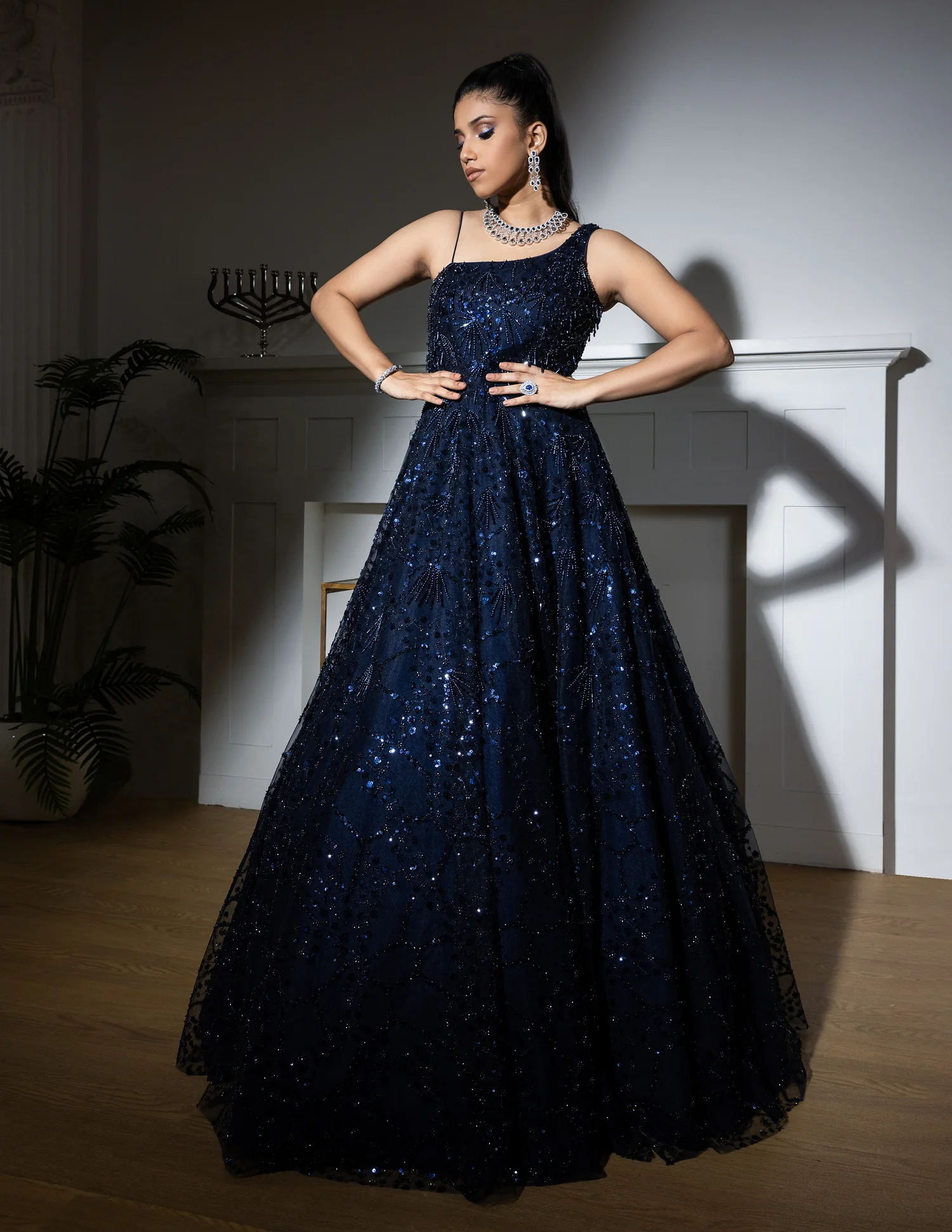Midnight Blue One Shoulder Sequin Embroidered Gown