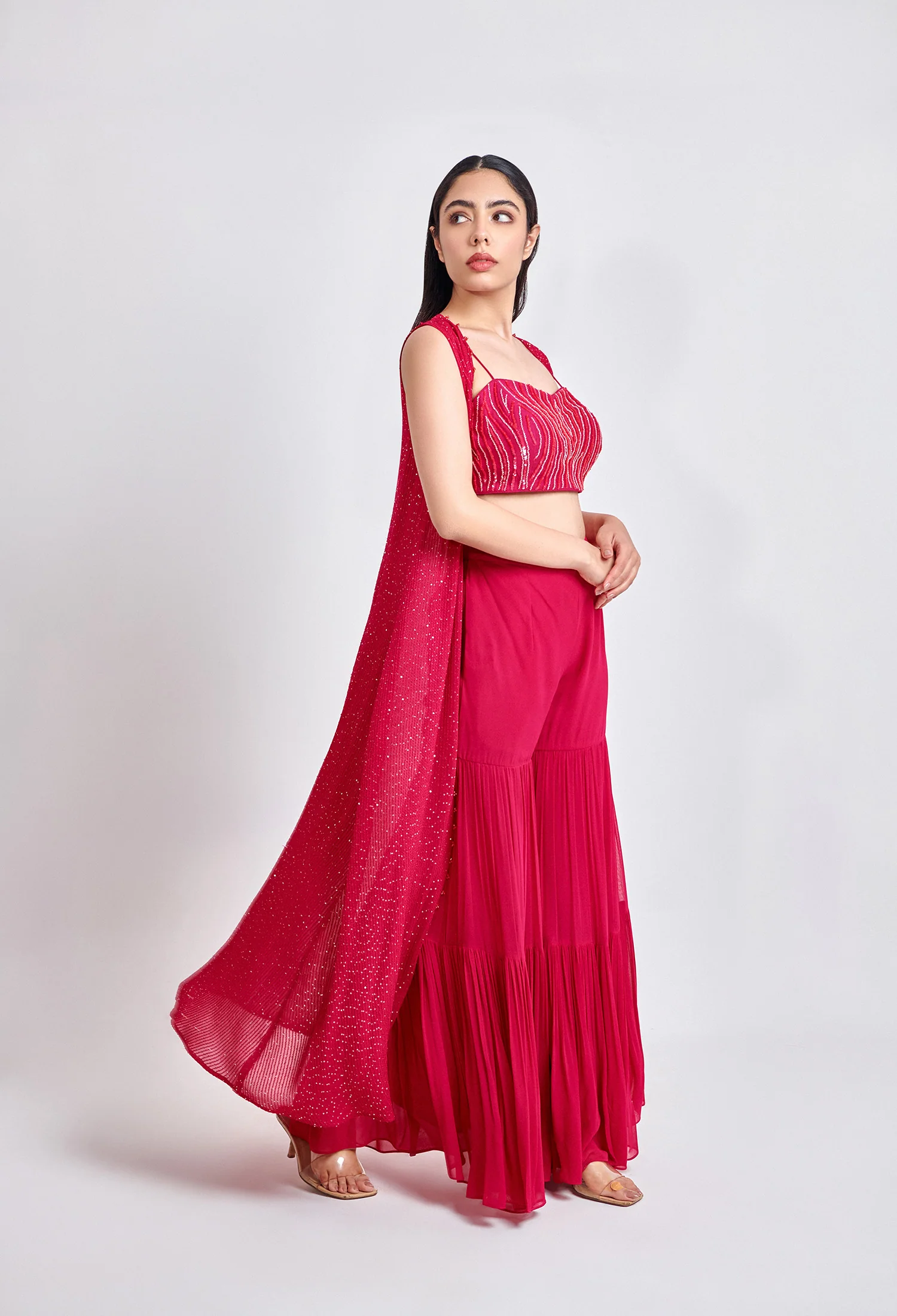 Crimson Charm Sharara with Embroidered Cape - Image 6