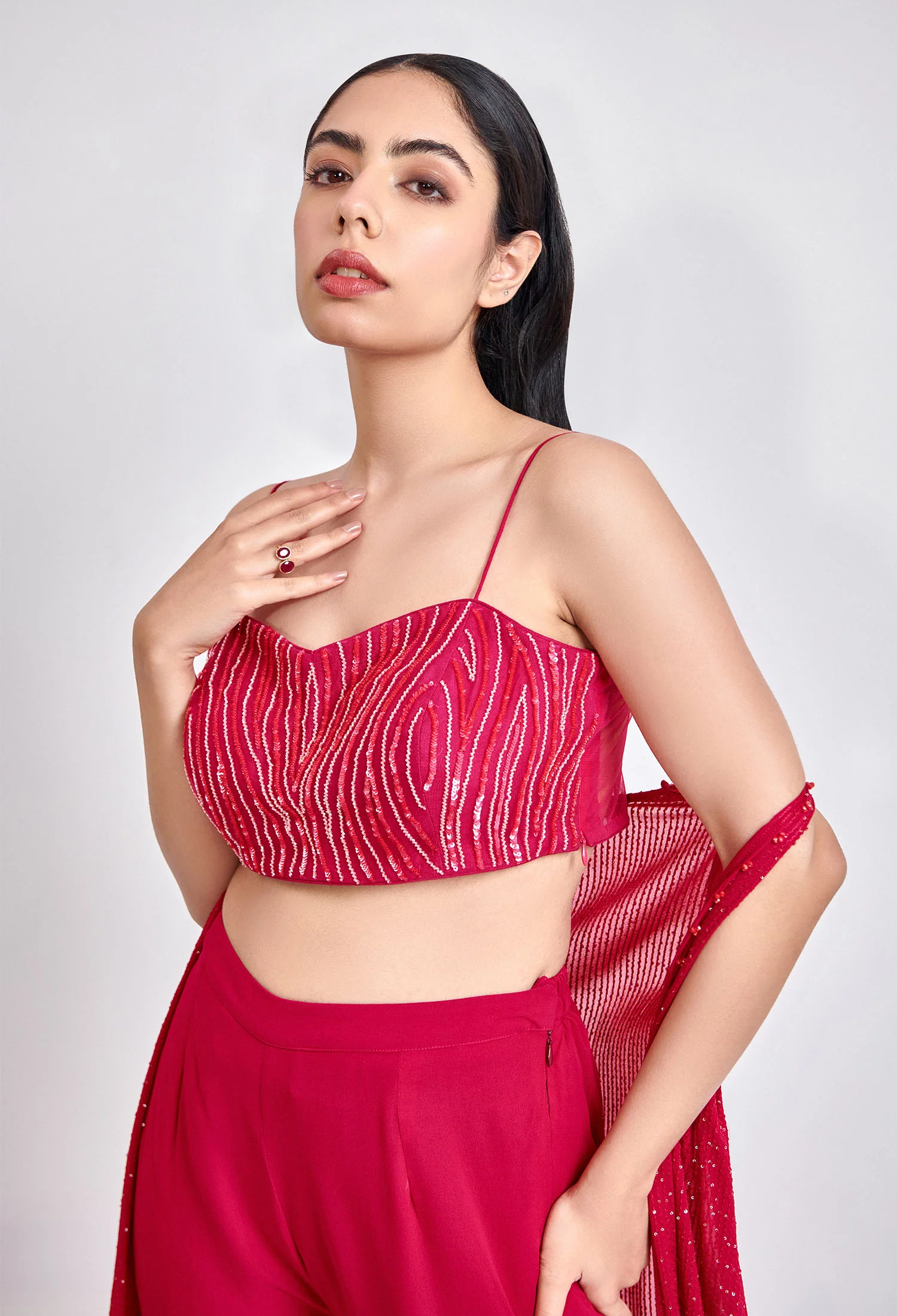 Crimson Charm Sharara with Embroidered Cape - Image 4