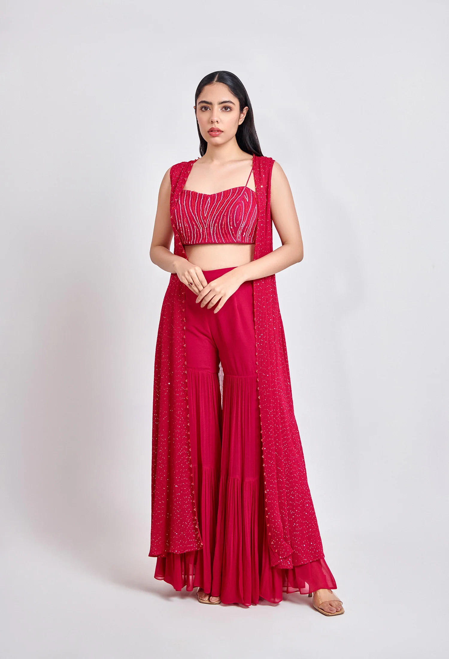 Crimson Charm Sharara with Embroidered Cape