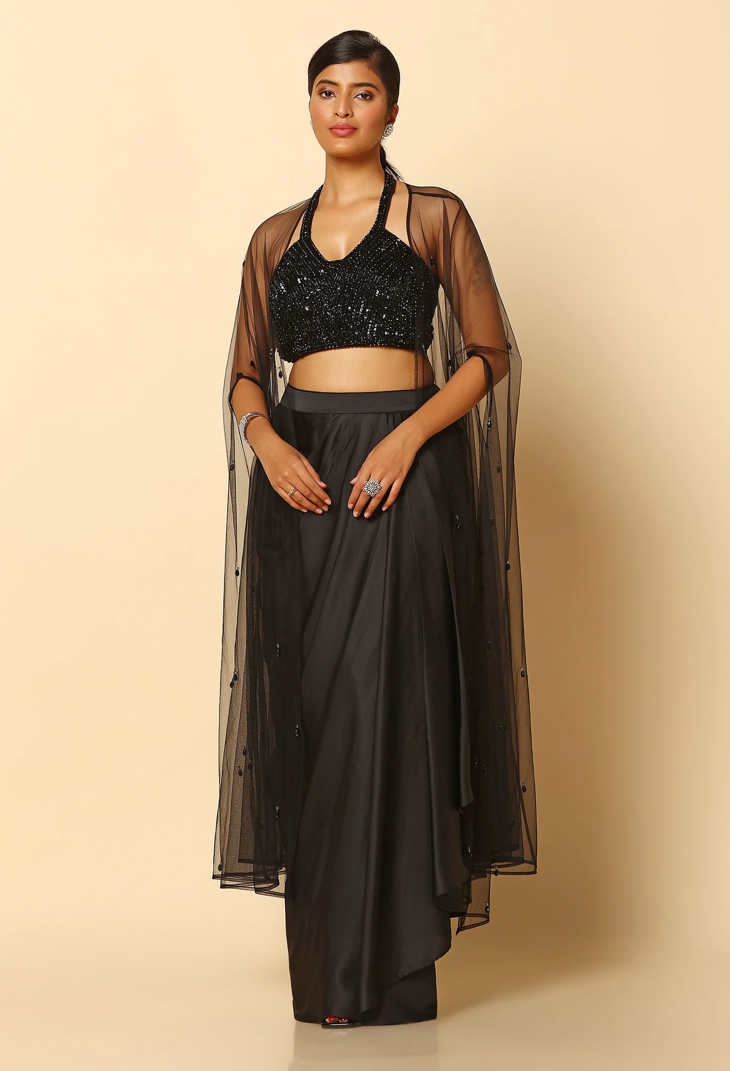 Midnight Elegance Satin Skirt with Stone-Embellished Blouse